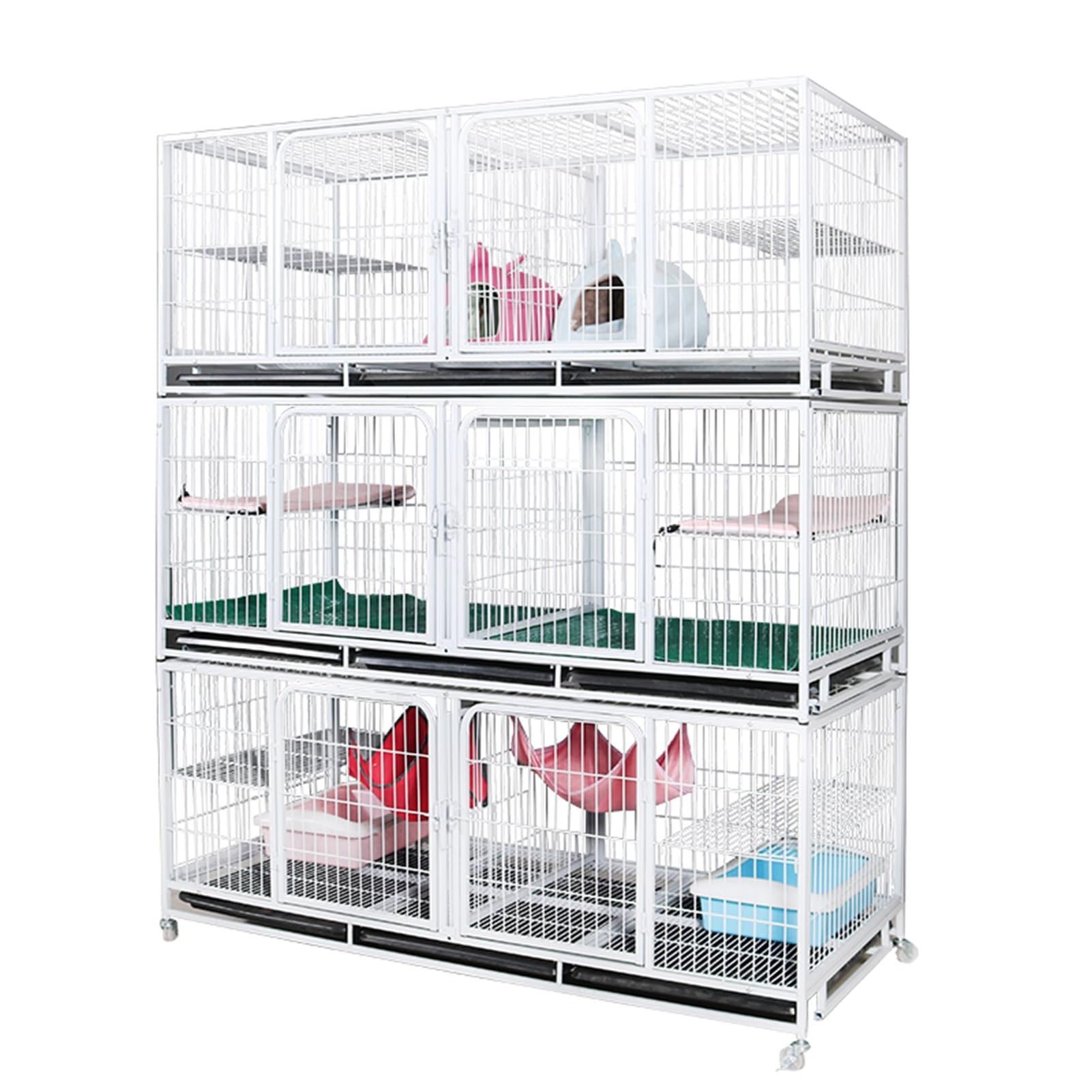Casa Gatos Exterior Recinto Grande de Jaulas para Gatos Al Aire Libre, Sistema de Jaulas para Gatos/Cachorros/Conejos con Ruedas, Casetas para Gatos Apilables de Alambre con Divisor y Bandejas (Color