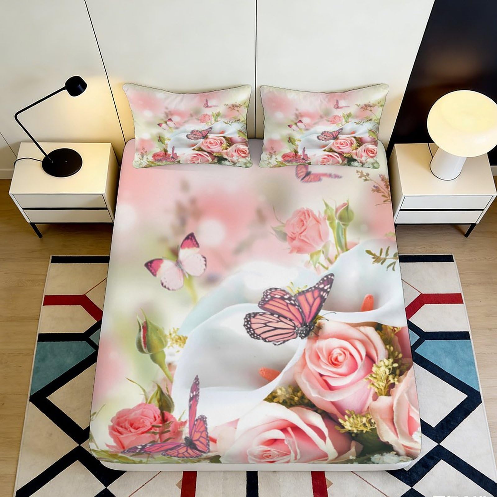 3D Printed Rose Butterfly Fitted Sheet Microfiber Soft Mattress Cover for Bedroom Guest Room Decor Dustproof Washable 90x200x25cm