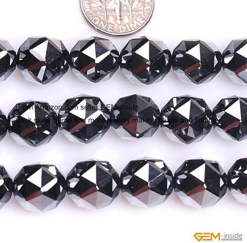 Miniatura 2 de gem-inside AAA grado Natural 6mm Faceted Black shine terahertz Cambay GemstoneCuentas para joyas Beads Strand 15", Piedra, Negro, 10mm