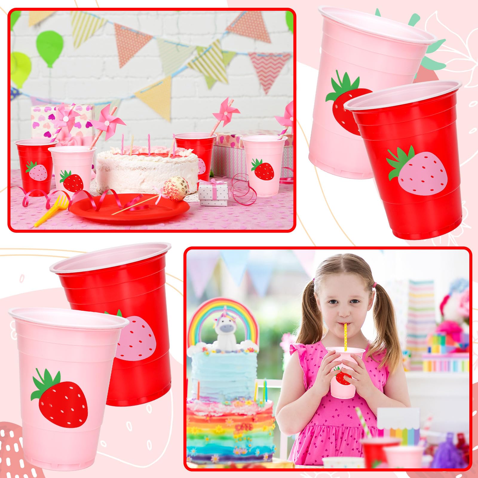 FYSUIMU Erdbeer-Plastikbecher, 473 ml, Rot / Rosa, Einweg-Trinkbecher, stapelbar, Partybecher für Sommer, Geburtstag, Babyparty, Partyzubehör, 100 Stück