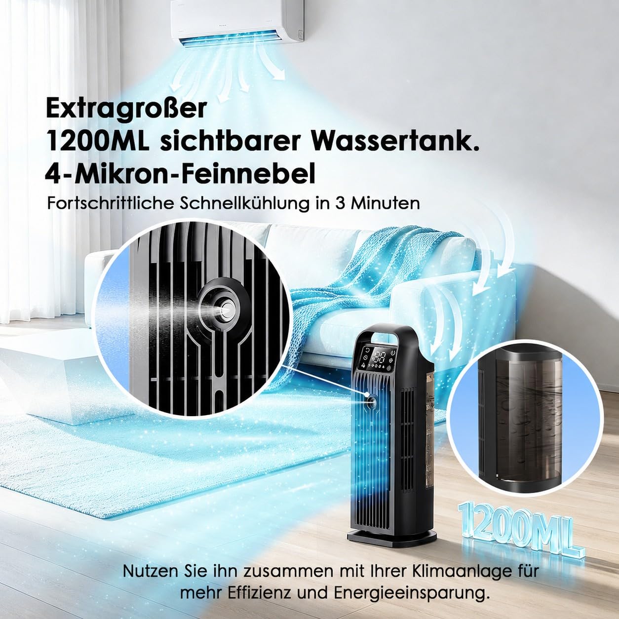 Mobile Klimaanlage ohne Abluftschlauch 6-in-1, Luftkühler mit Wasserkühlung & 1200ml Tank, 7m/s Turbo, 120° Oszillation, 1-12H Timer, 36W Leises Mini Klimagerät für Schlafzimmer & Büro, Schwarz Matt