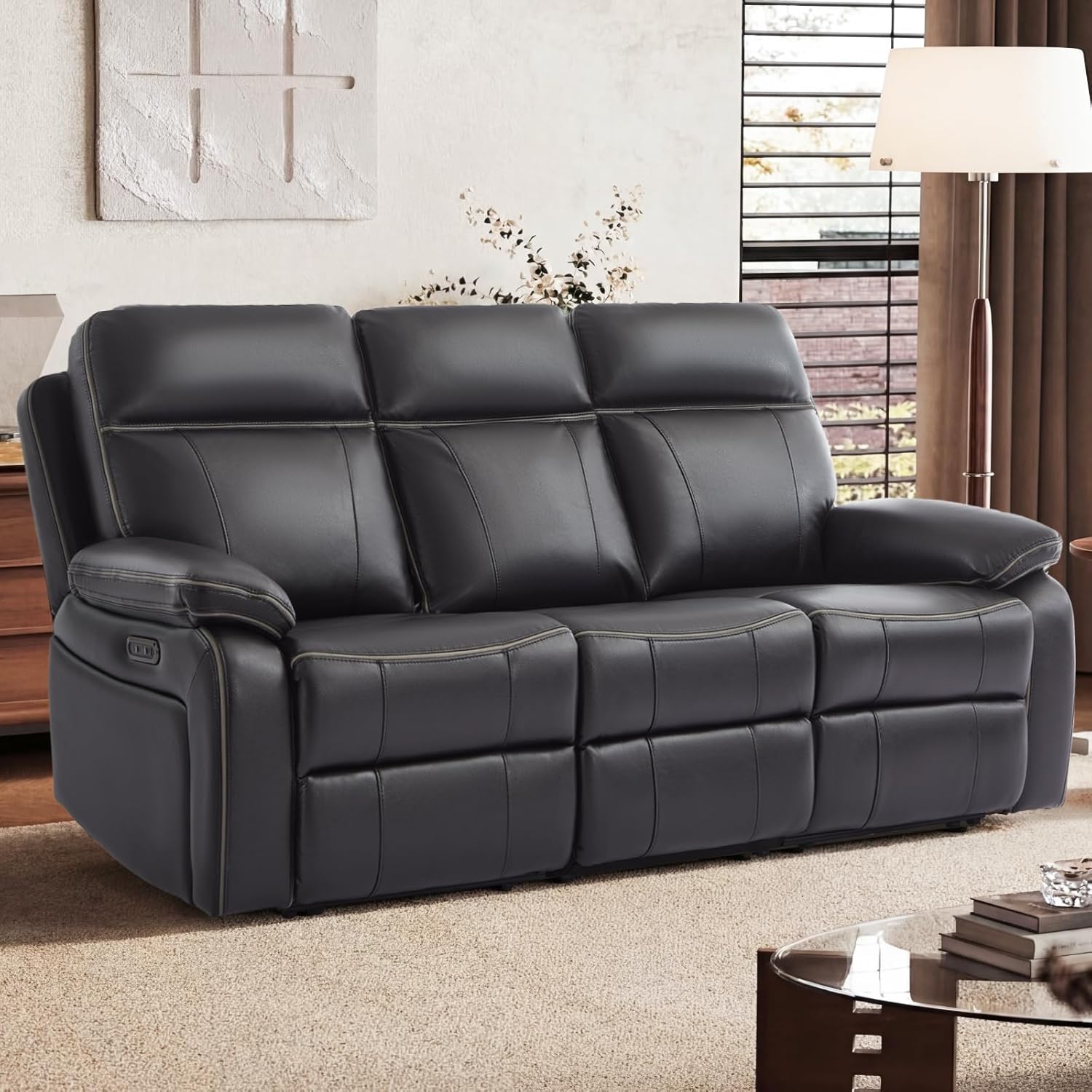 Power Reclining Sofa with Drop Down Table, Breathable Leather Electric Reclining Couch Wall Hugger 3 Seater Recliner with Cup Holder/USB/Type C for Living Room Furniture(Black, 3 Seater) | Drop Down Table, Breathable Leather, Cup Holder