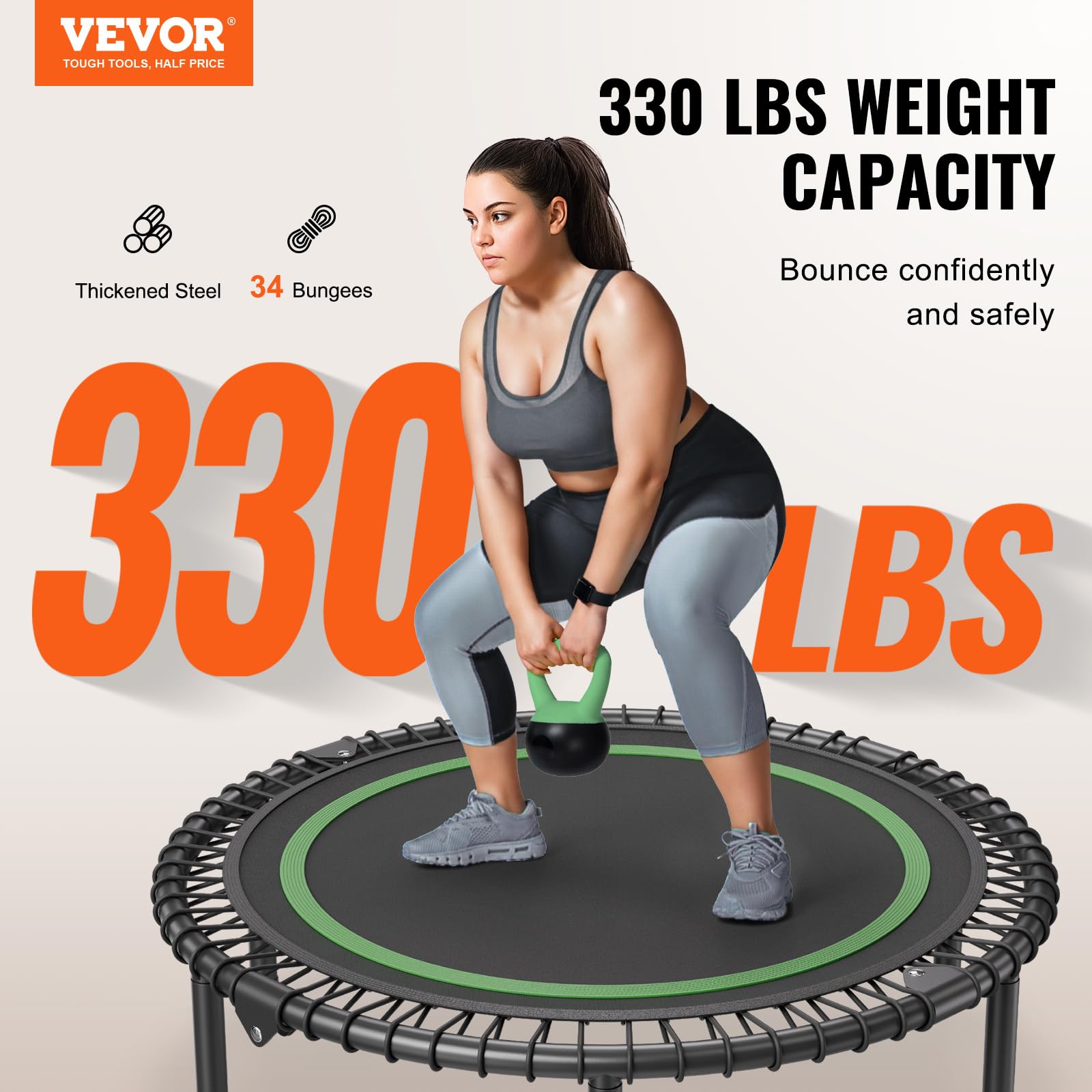 VEVOR Mini Trampolino Pieghevole Fitness 1027 mm, Capacità di Peso 150 kg, Trampolino Elastico per Adulti per Allenamento in Interni/Giardino, Nero e Verde