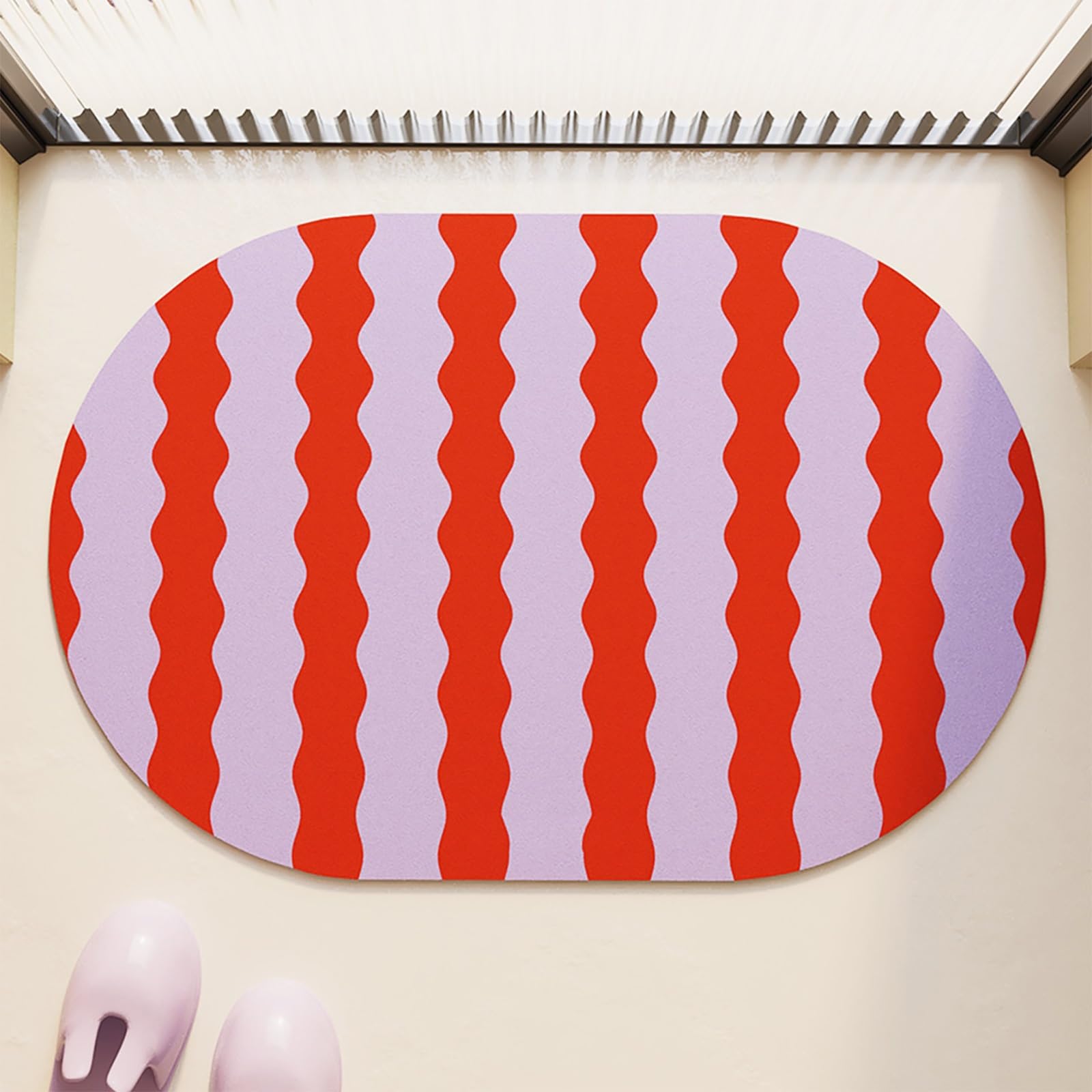 Tapis de bain rouge ovale anti glissade et absorbant contre les sols humides