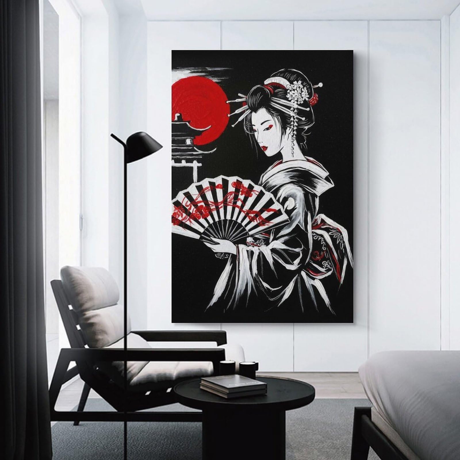 Junmoney Unframe-Style-21 Geisha With Fan In Black And White Canvas Wall Art 20X30inch(50X75cm), For Workspace Walls, Study Corners Or Bedrooms, Wall Art That Adds Style To Work Areas