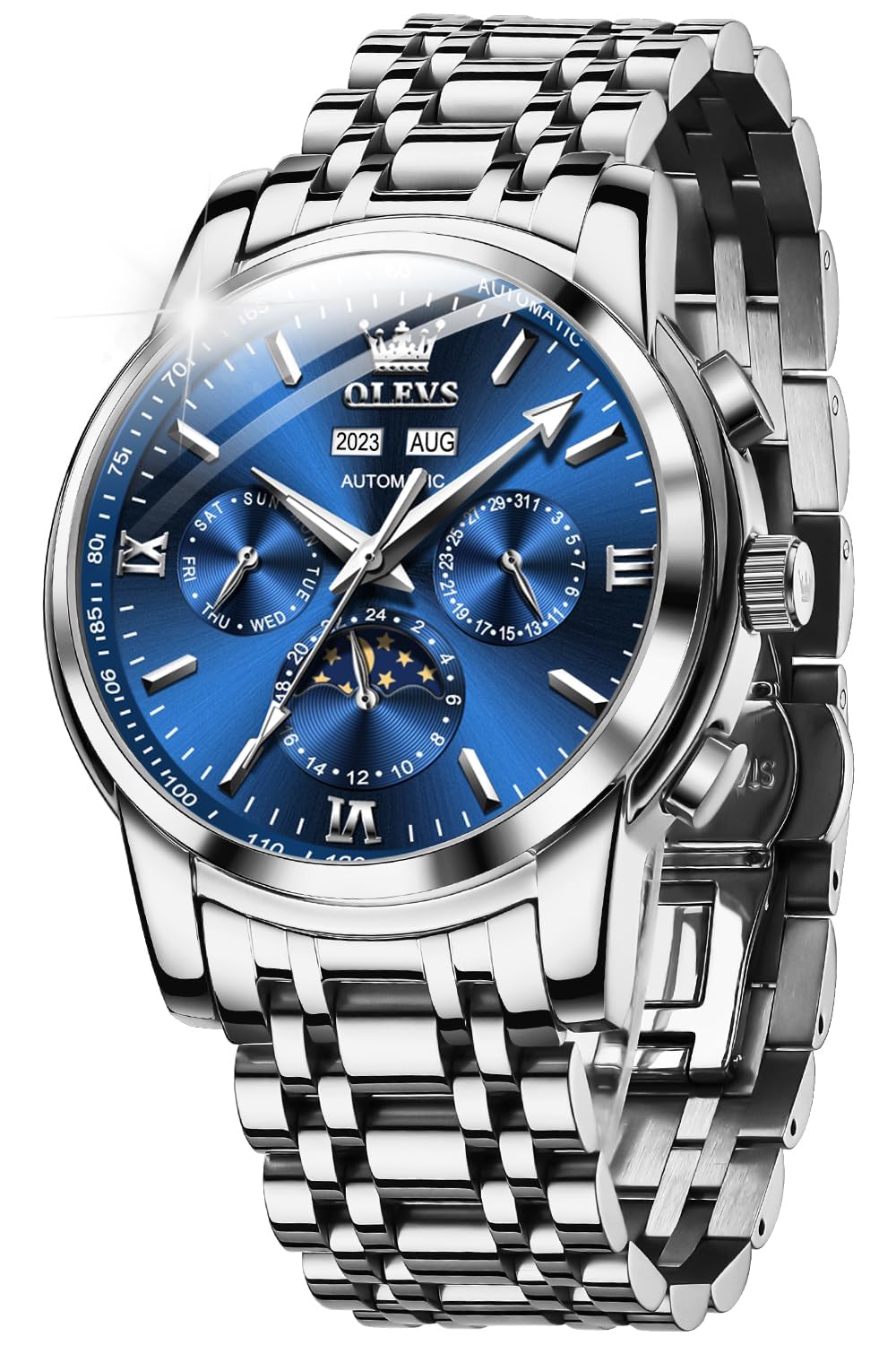 OUPINKE Herrenuhr Automatik Mechanische Armbanduhr mit Mondphase Wasserdicht Luminous Tag Datum Zweifarbige Edelstahlarmband