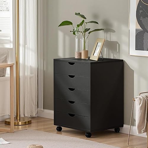 Miniatura 8 de OLIXIS Archivador móvil de 5 cajones debajo del escritorio, organización de almacenamiento con ruedas, baúl vertical de madera rodante, soporte de