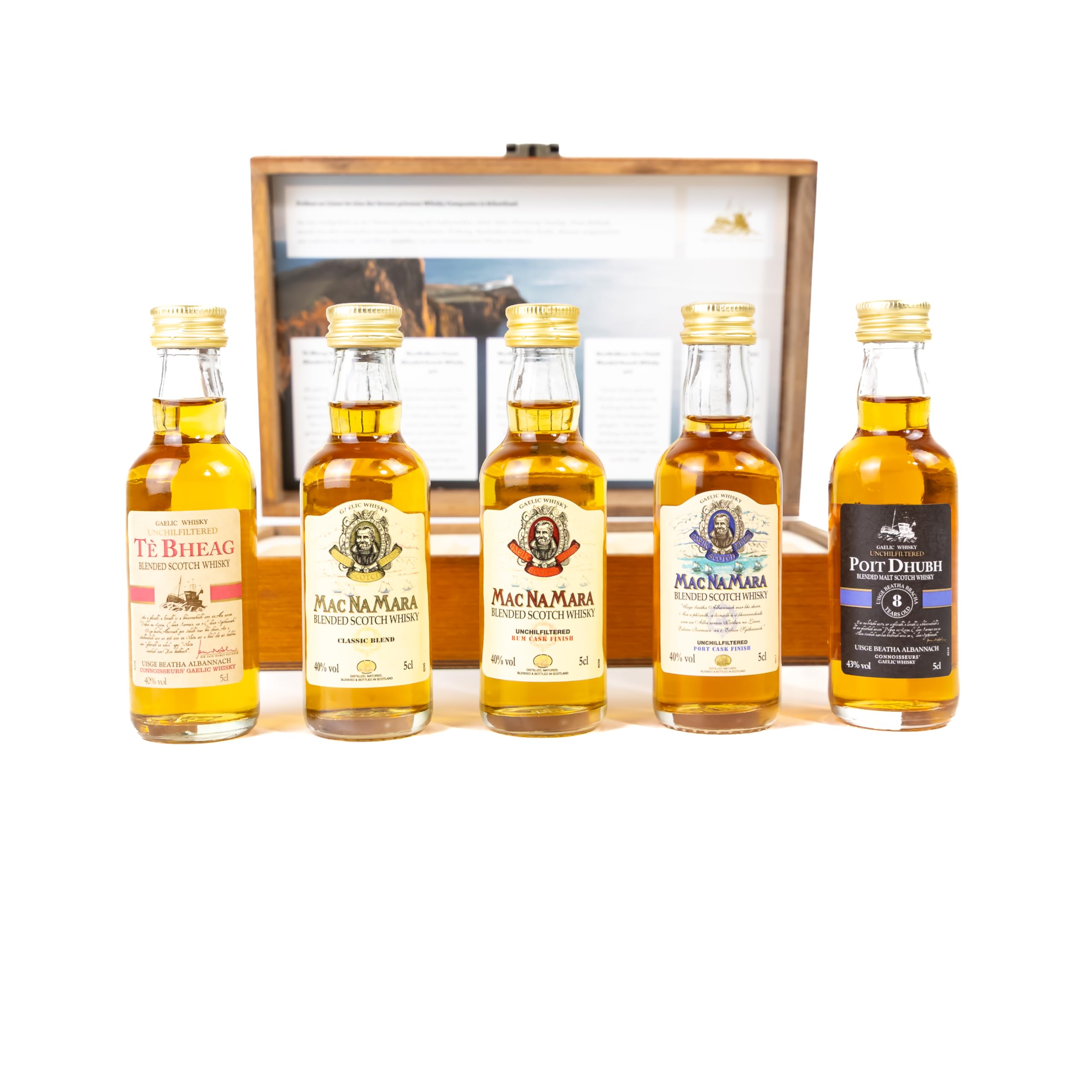 The Wine Guys Pràban na Linne Whisky Probier- & Geschenkset – 5 x 50 ml Miniaturen in Holzkiste, Té Bheag, MacNaMara, Rum Finish, Port Finish, Poit Dhubh 8