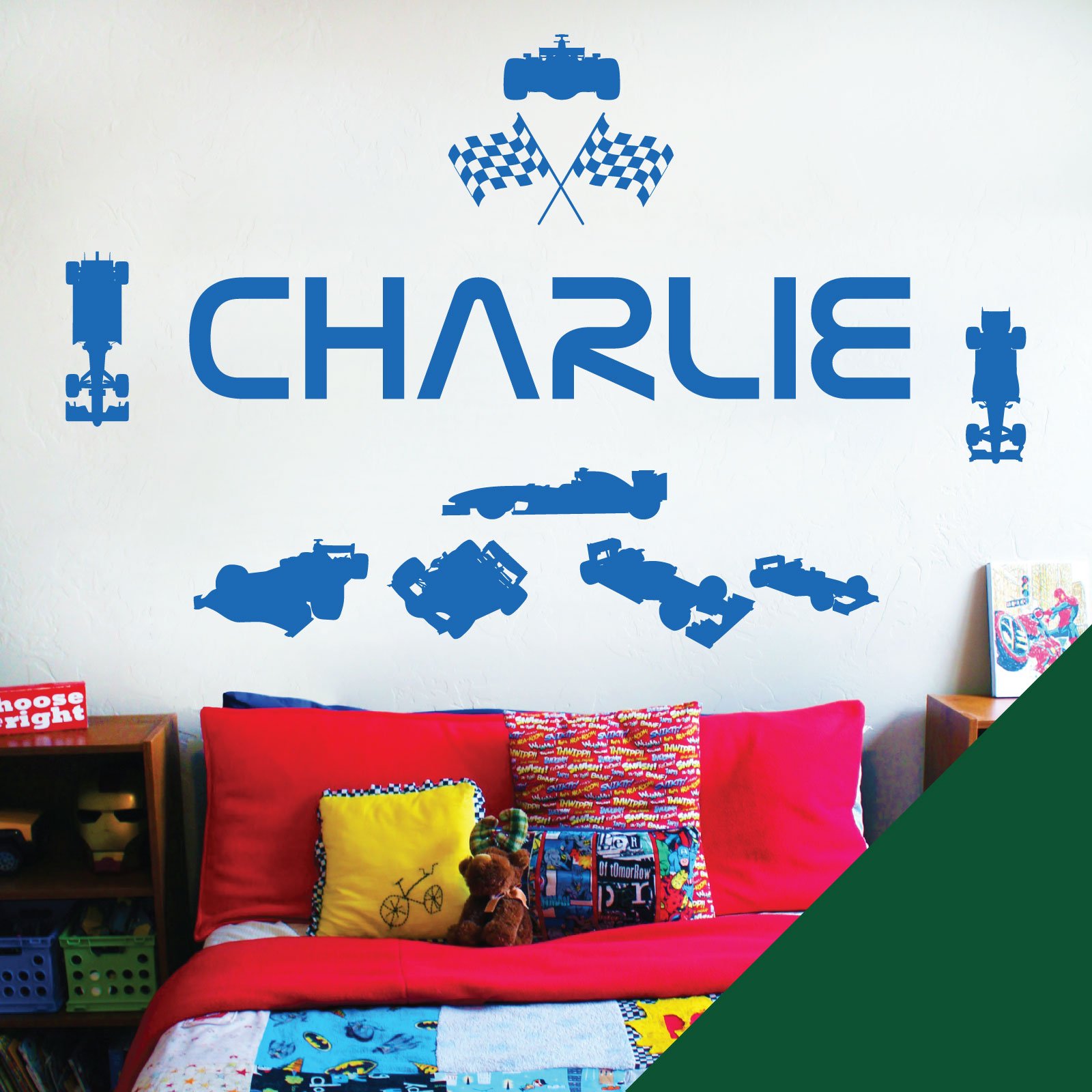 Personalised Name Children Wall Art Sticker - Racing Driver Formula 1 Cars Sport [Medium] [Forest]