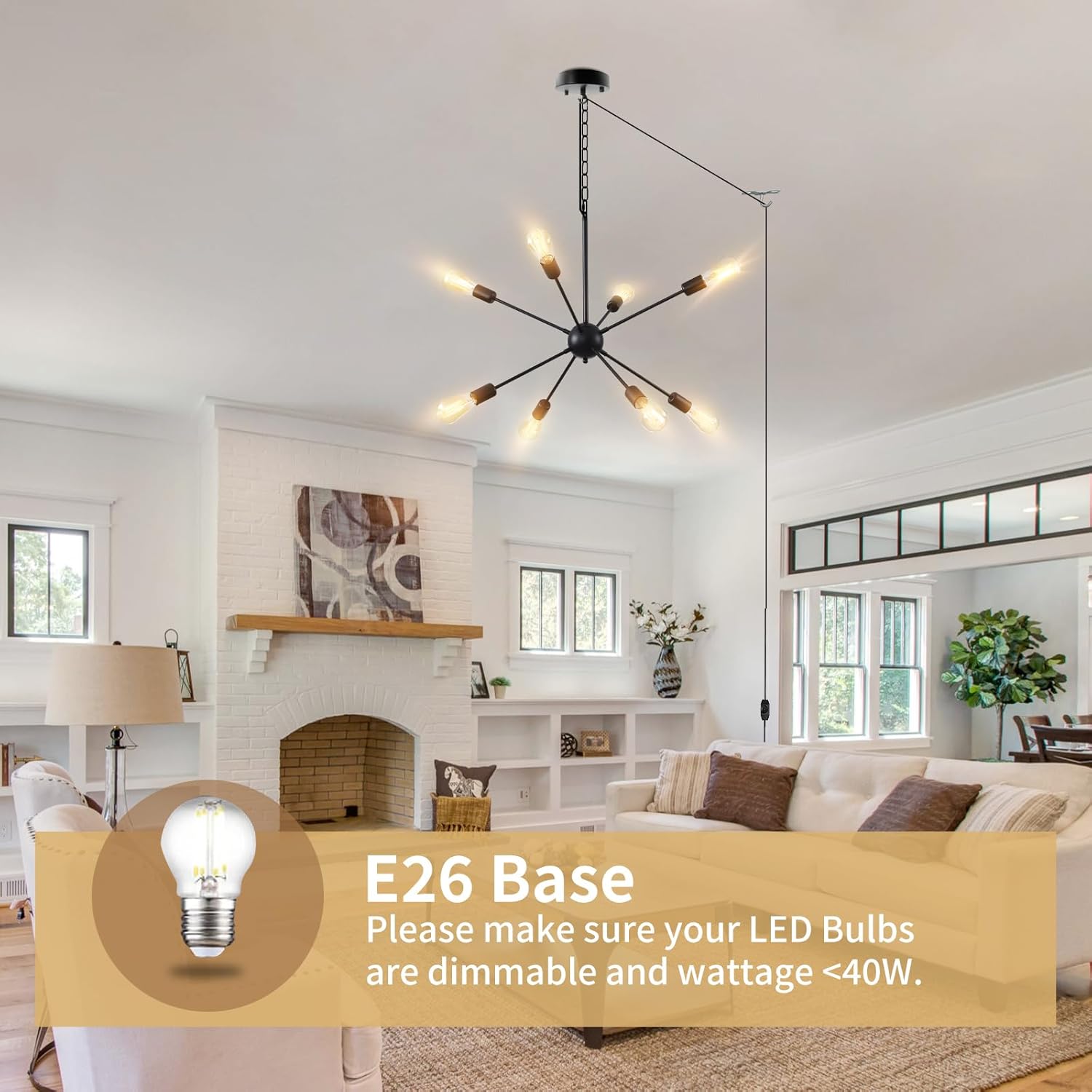 HOXIYA DIMMABLE Modern Sputnik Chandelier 26.3" Light Fixture, Plug in Black 8-Lights Pendant Light, Midcentury Hanging Ceiling Lighting Fixture for Home Lamp, Bedroom, Dining Room, Kitchen, Office