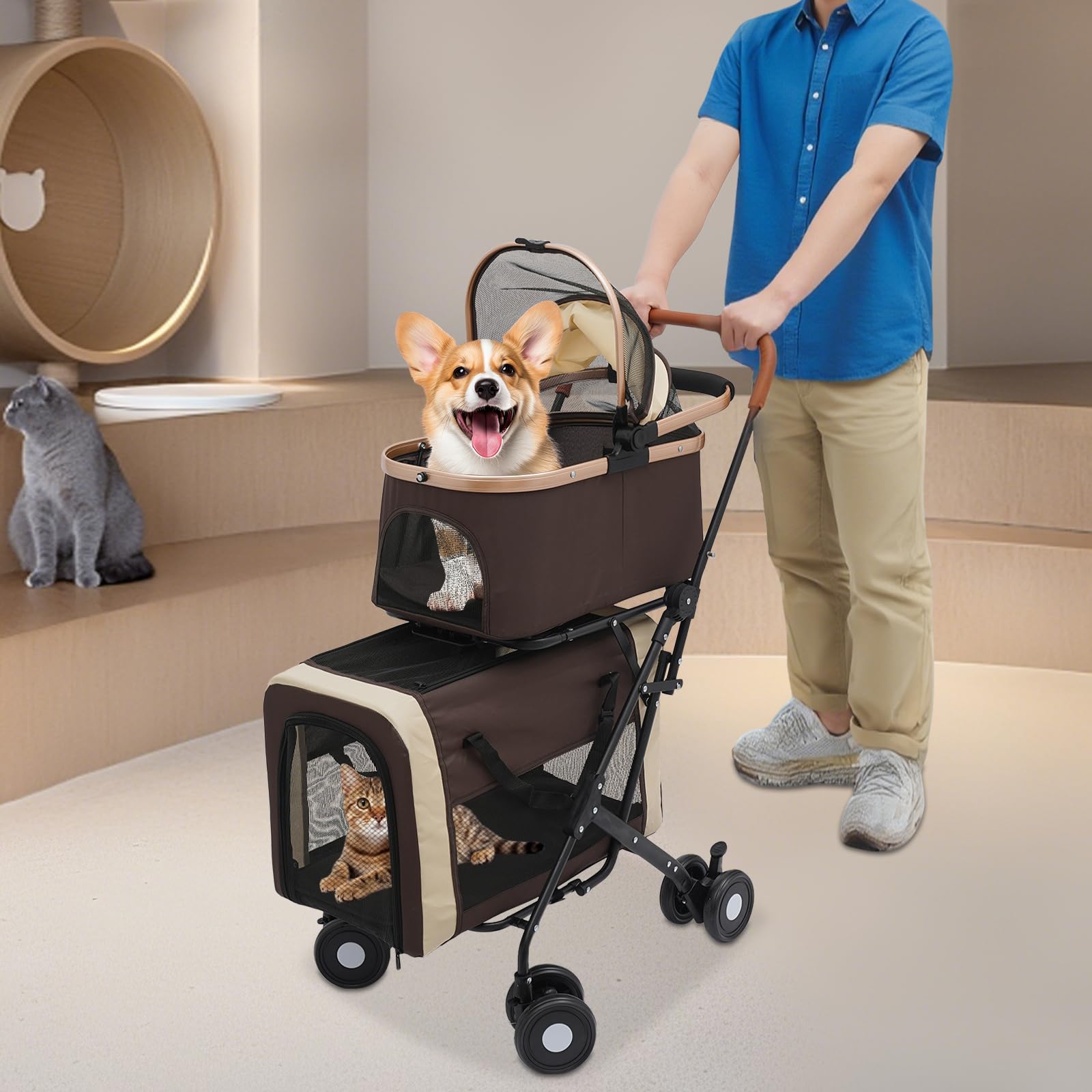 Foldable Stroller for 2 Dogs & Cats, Double Pet Stroller for Dogs and Cats with 2 Detachable Carriers, Easy Assembly Double Dog Strollers One Hand Foldale Kittens Puppies Travel Strolling Cart Coffee