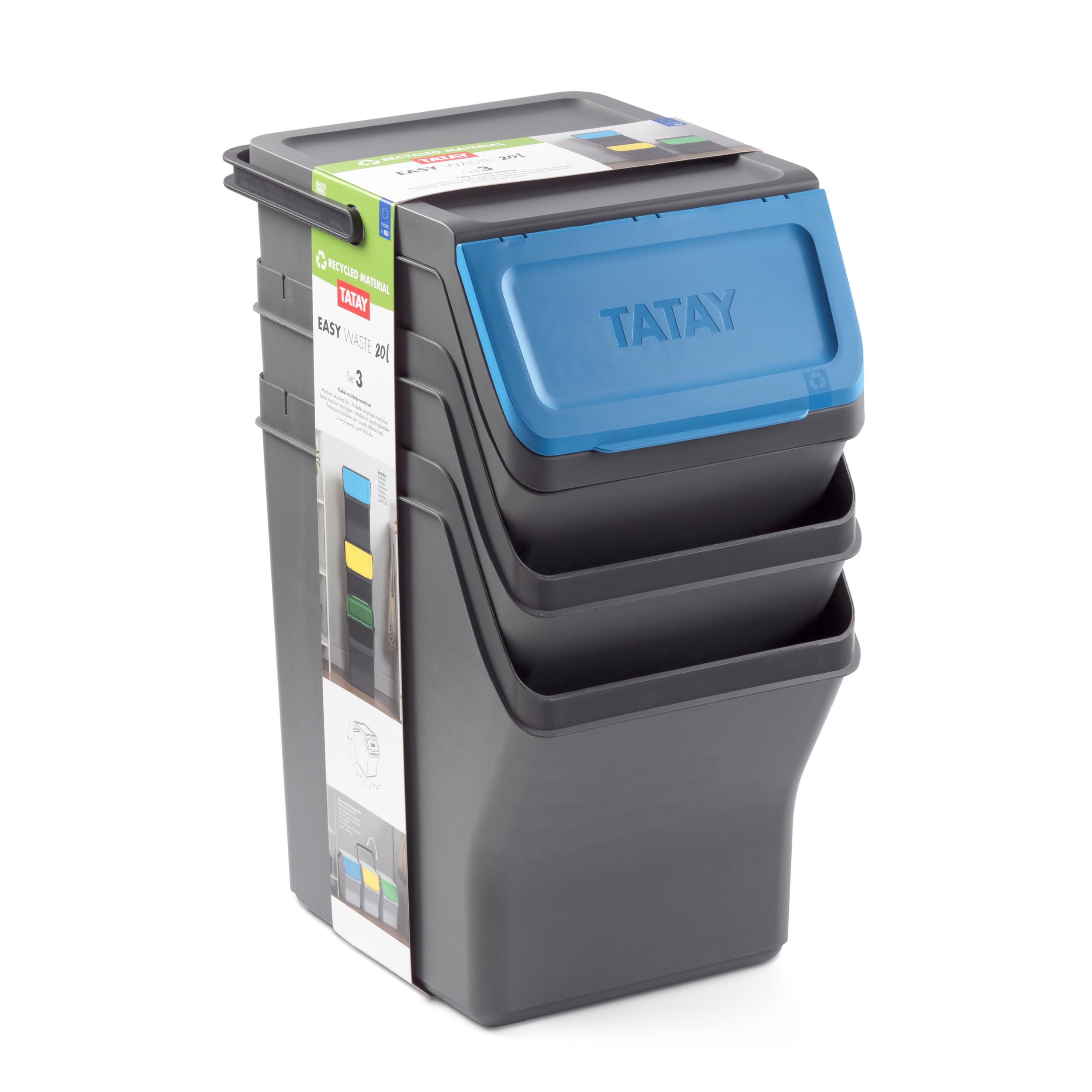 TATAY Mülltrennsystem Easy Waste 3-teiliges Set 3er Set Recycling Behälter | Mülltrennsystem Haushalt | Volumen 20 L | 35x27x36 cm | Modulares Design | Deckel mit Klicksystem | Recyceltem Material, Grau