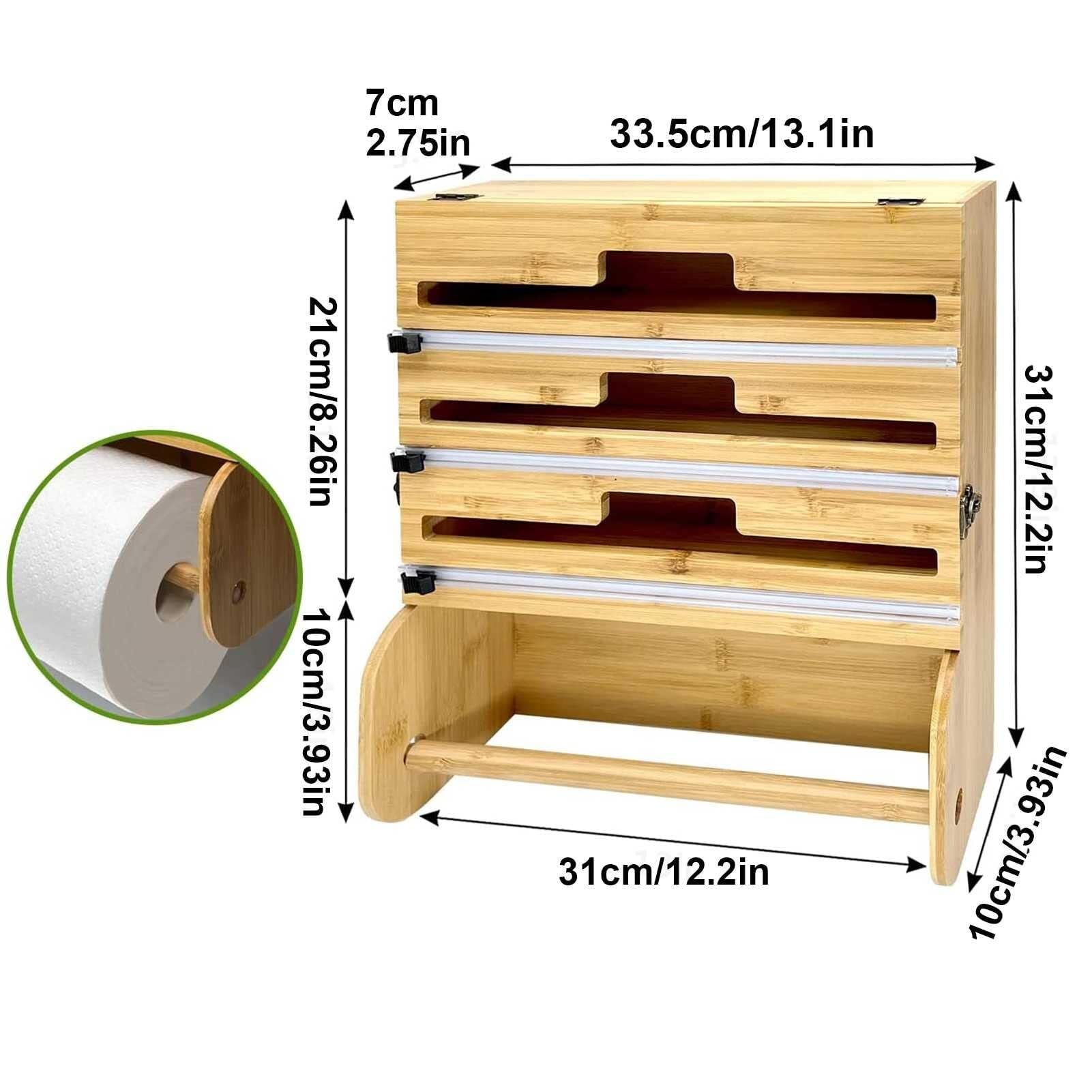 Distributeur de Nourriture et de Plastique/Film avec Cutter, Distributeur de Papier d'aluminium Mural 4 en 1, Distributeur de Film Alimentaire 100% Bambou, Outil de Cuisine (3 emplacements)
