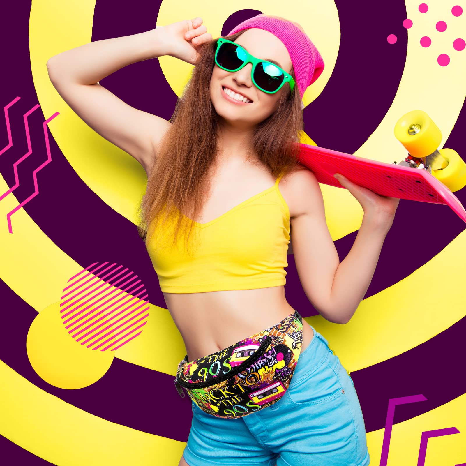 3 Riñoneras de los años 80 y 90, bolsas de cintura retro de neón de los años 80 y 90, accesorios de atuendo para hombres y mujeres, bolsas casuales ajustables para cinturón de senderismo vintage 7