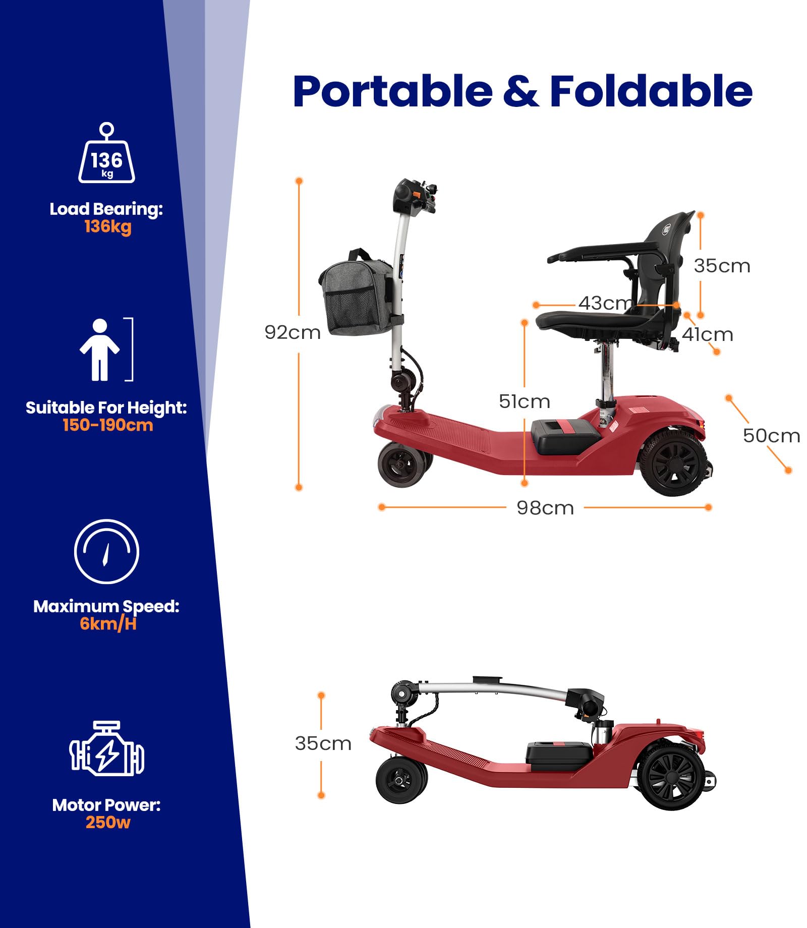 VOCIC D50 Scooter de movilidad de 3 ruedas ultraligero(22KG),Movilidad scooter 136KG plegable para personas mayores de alcance de 25KM para todo terreno con lona,apoyo de 5 años| Rojo