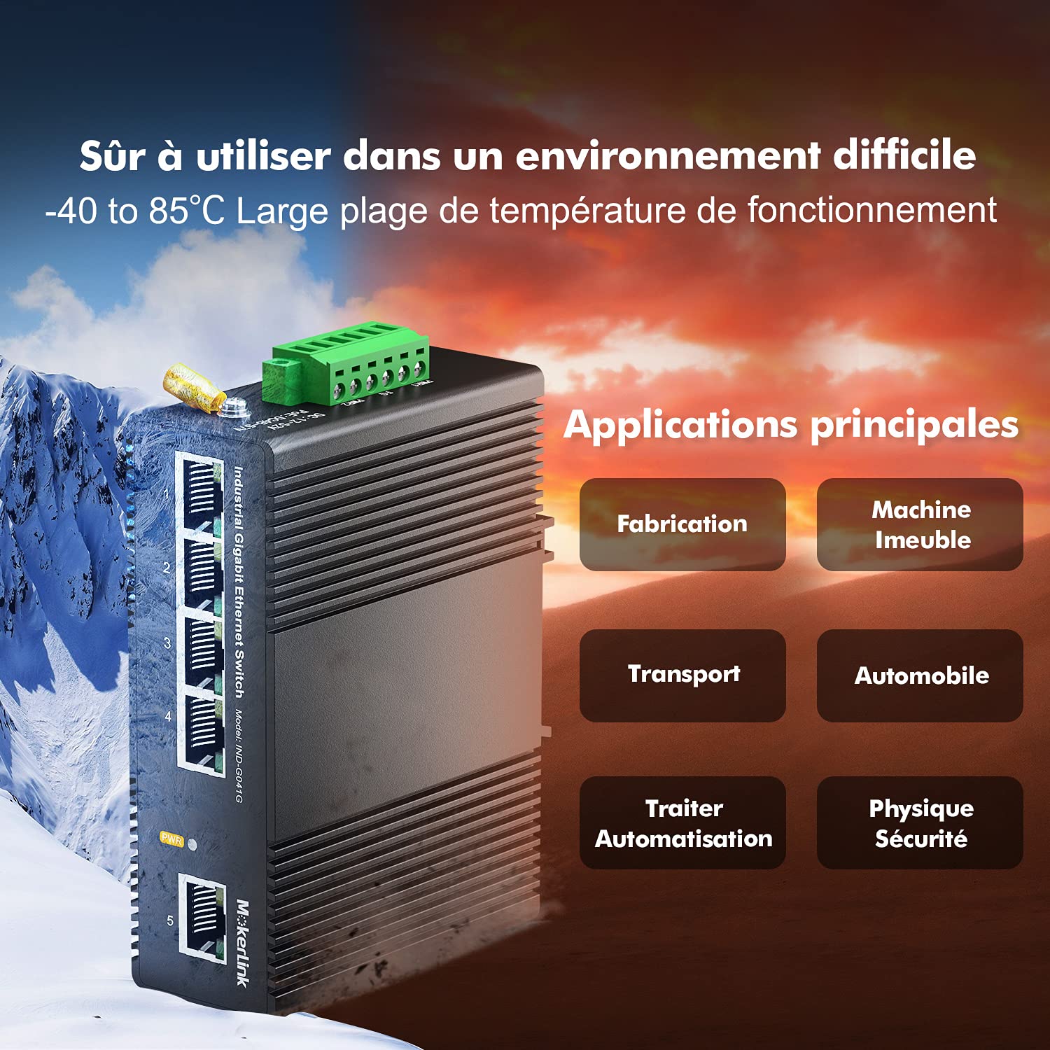 mokerlink 5 Ports Gigabit Ethernet Switch Industriel sur Rail DIN, Capacité de Commutation de 14 Gbit/s, Commutateur Réseau Non Géré Classé IP40 (-40 à 185°F), avec Alimentation