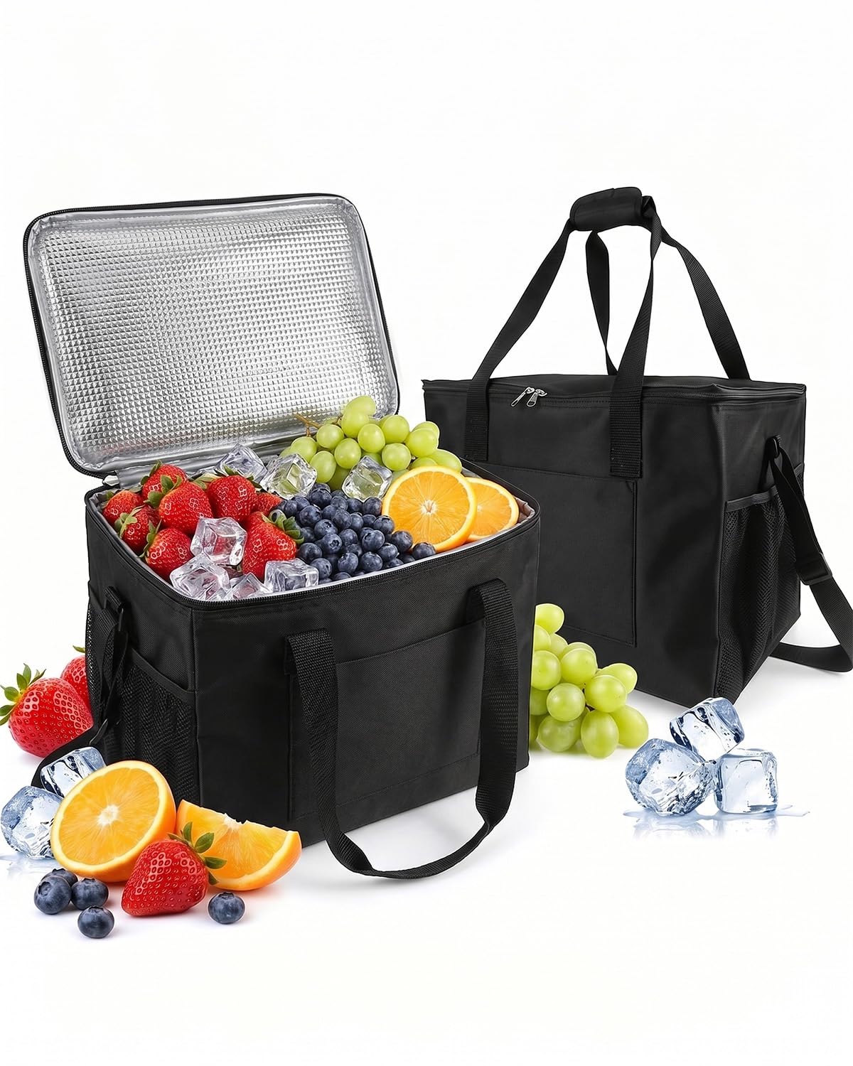 2 Pack 40L Insulated Cooler Bags, Foldable Thermal Cool Bags with Reinforced Handles and Side Mesh Pockets, Large Leakproof Food Cooler for Camping, Picnic, Travel, BBQ and Shopping, Black