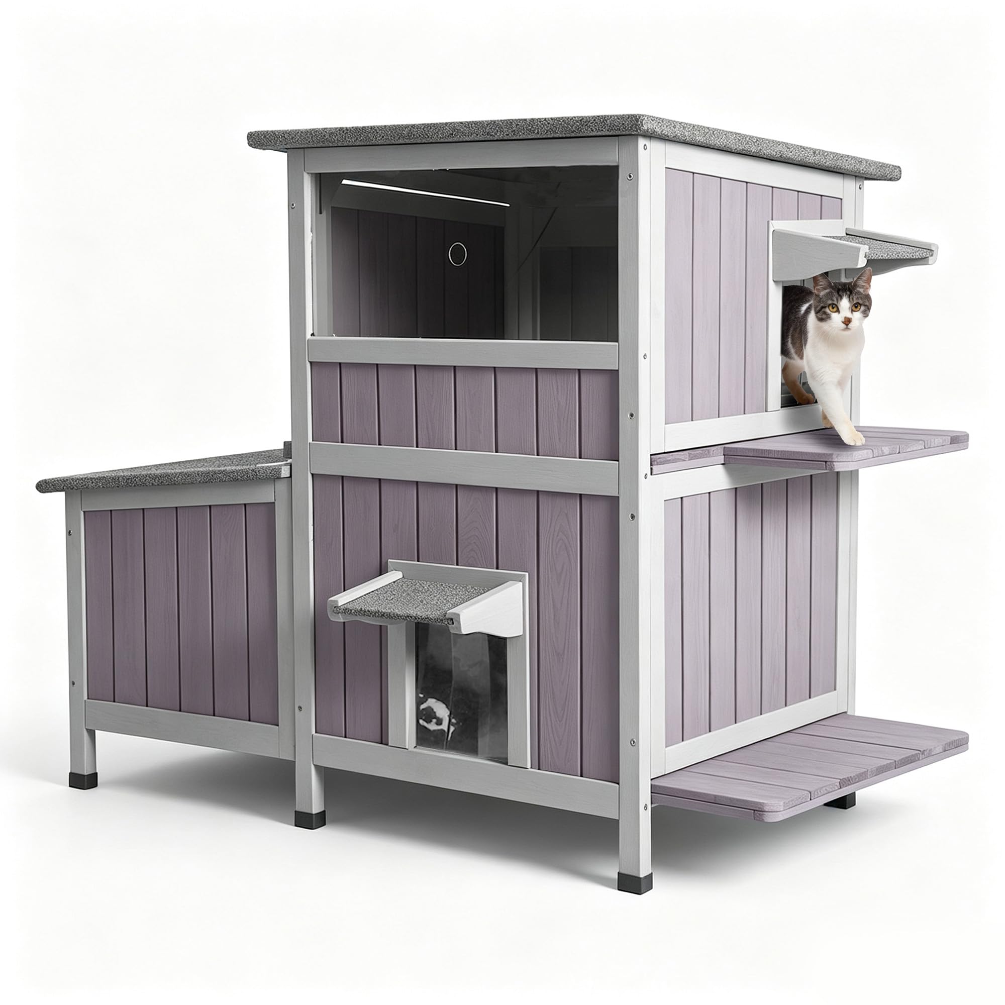 GUTINNEEN Outdoor Cat House Weatherproof for Winter, 9.78 ft² 2-Story Wooden Feral Cat Shelter with Waterproof Roof, Escape Door, and Elevated Base to Keep Multiple Kitties Warm and Dry