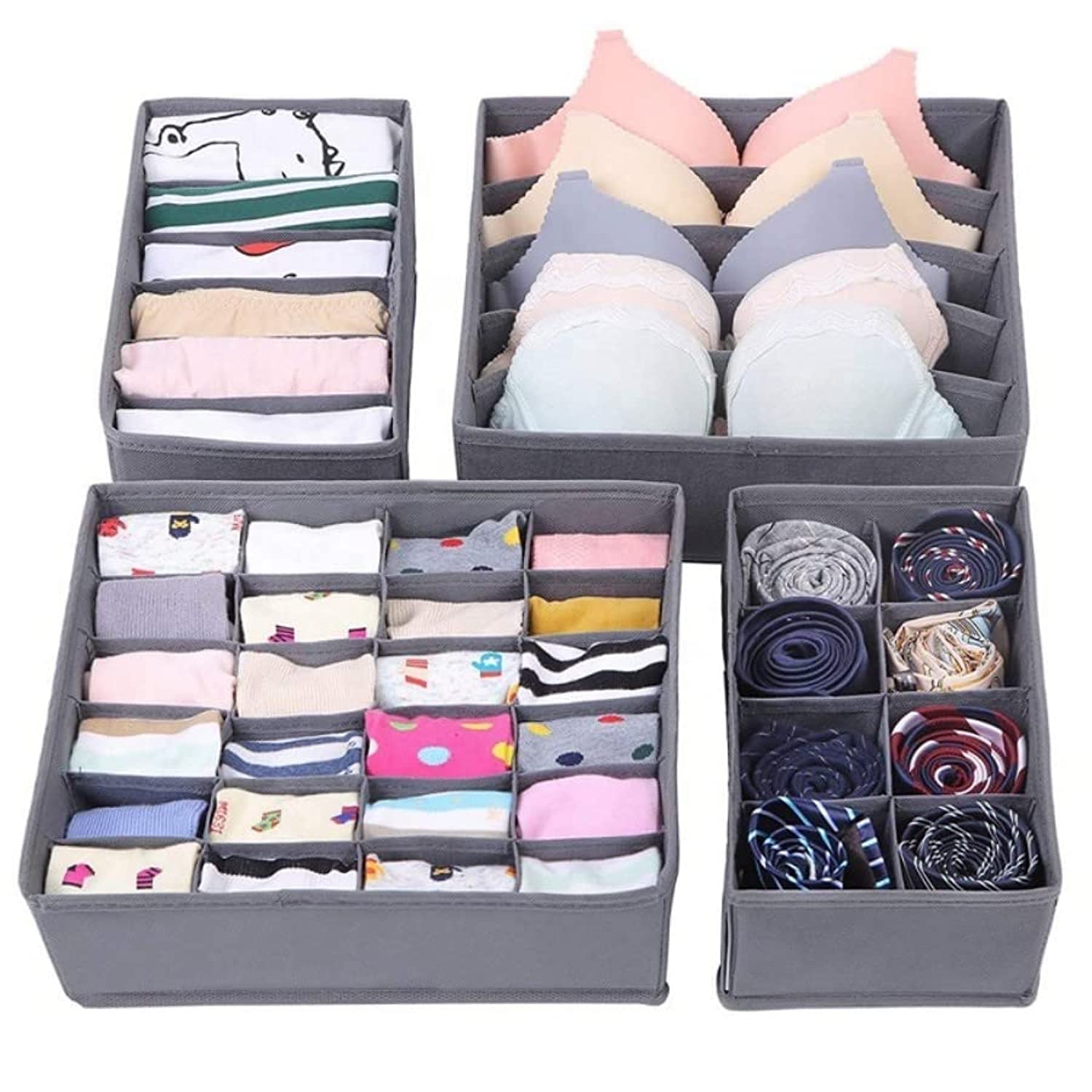 4Pcs Collapsible Storage Boxes Drawer Underwear Organizer Divider, Underwear Bra Organiser Closet Drawer Divider,Clothing Storage Organizers Box for Clothing, Bra, Panty, Scarf, Ties (Grey)