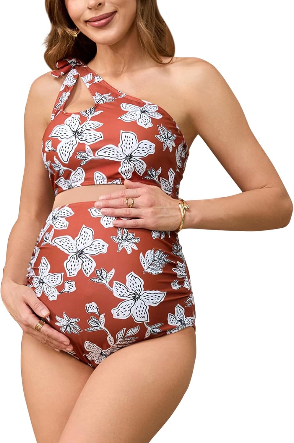 DEBELLY Maternity Swimsuit Cutout One Shoulder Bikini Set 2 Piece Bathing Suits with Adjustable Tie and High Waist Bottom