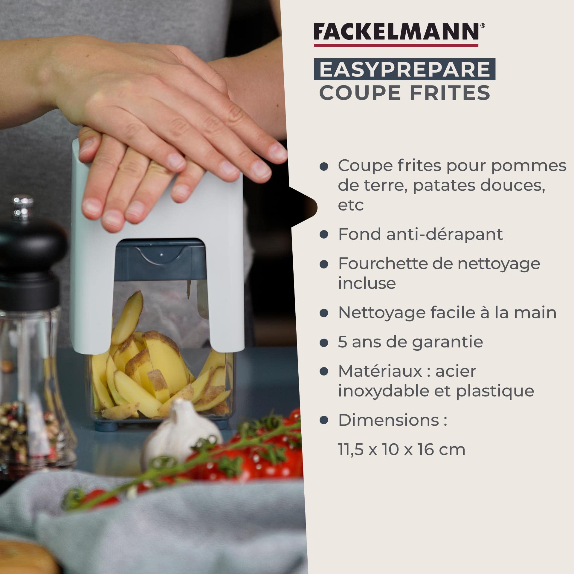 Fackelmann 27902 Coupe frite Manuel avec récipient et Brosse de Nettoyage, Coupe légumes, Coupe frite, ustensile de Cuisine, Plastique, Blanc, Bleu, 11,5 x 10 x 16 cm