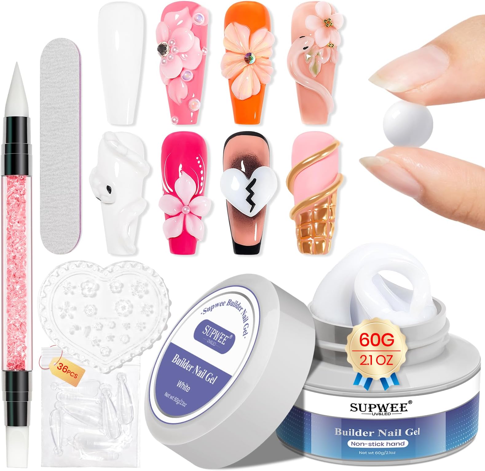White 3D Sculpting Gel for Nails, 60g/2.1oz Builder Gel for Nail Art, No Stick Hand Hard Gel for Nail Extension, Nail Carving, 5D Patterns, Embossing Nail Decoration Soak Off UV LED
