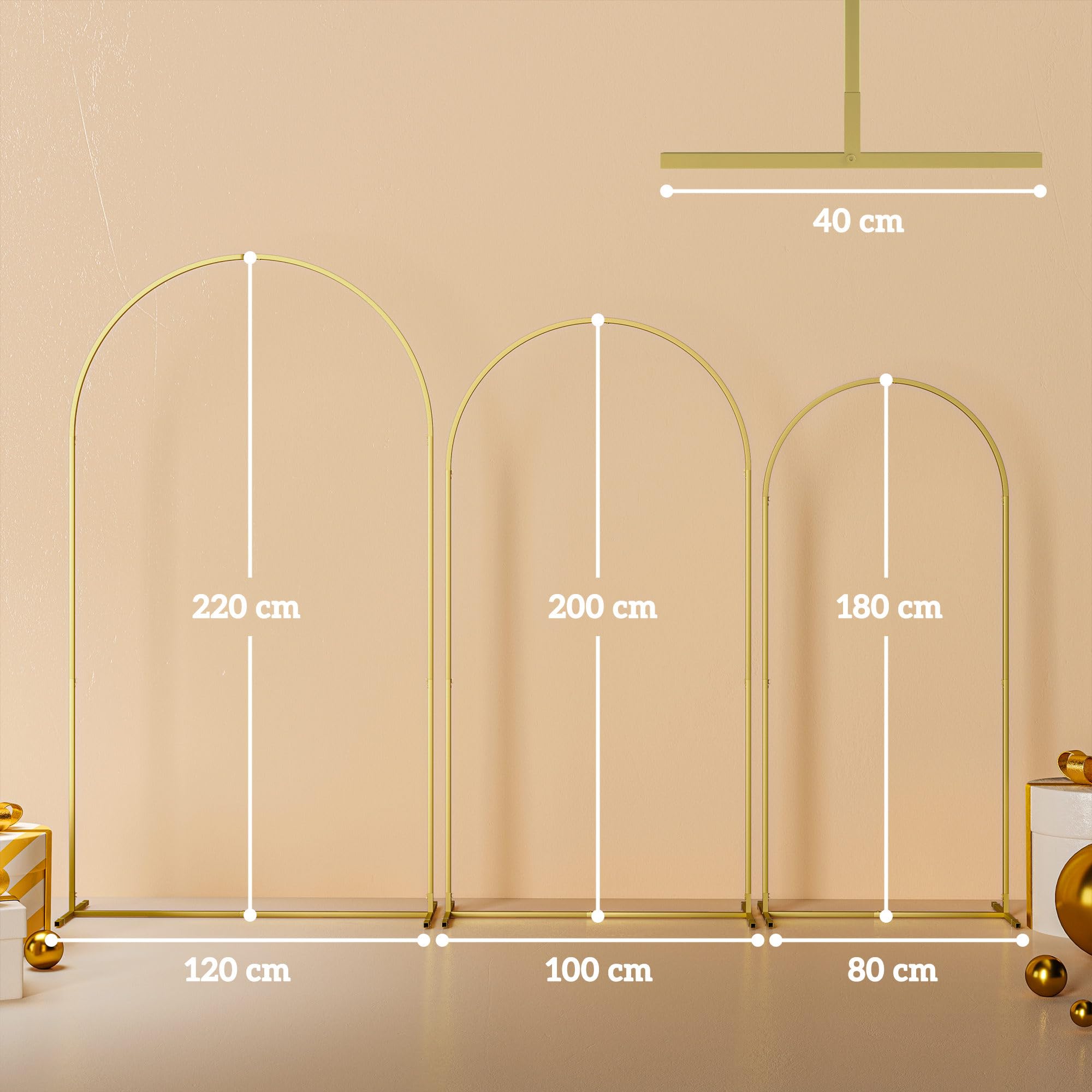 Outsunny Lot de 3 Supports d'arche de Fond en métal doré pour Mariage, 2,2 m, 2 m, 1,8 m, Arche de Jardin, Mariage, fête d'anniversaire, fête prénatale, Arche de Ballons Floraux