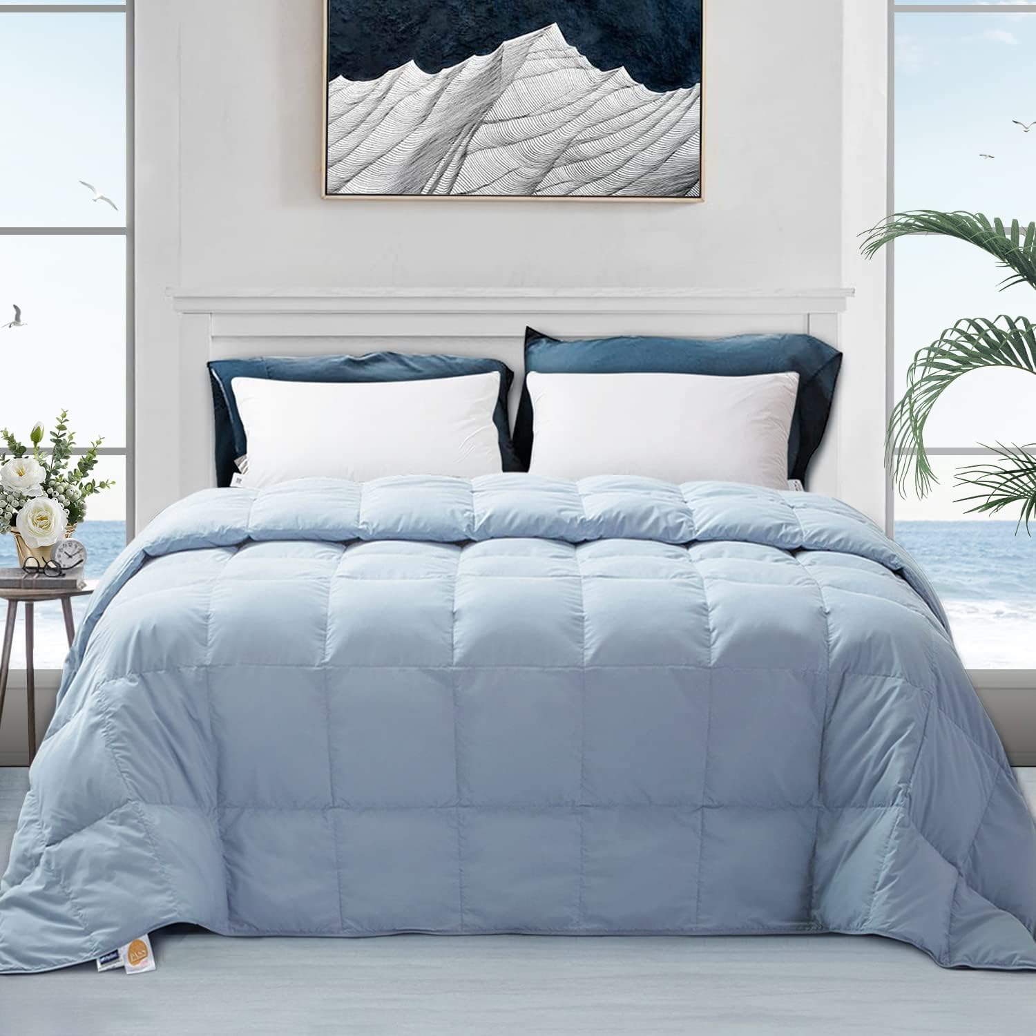 Topllen Lightweight Blue Grey Down Blanket,Cooling Down Comforter Queen Size for Summer,Cloud Soft Noiseless Cotton Shell,750 Fill Power Blue Grey Duvet Insert with Ties (90×90 inch)