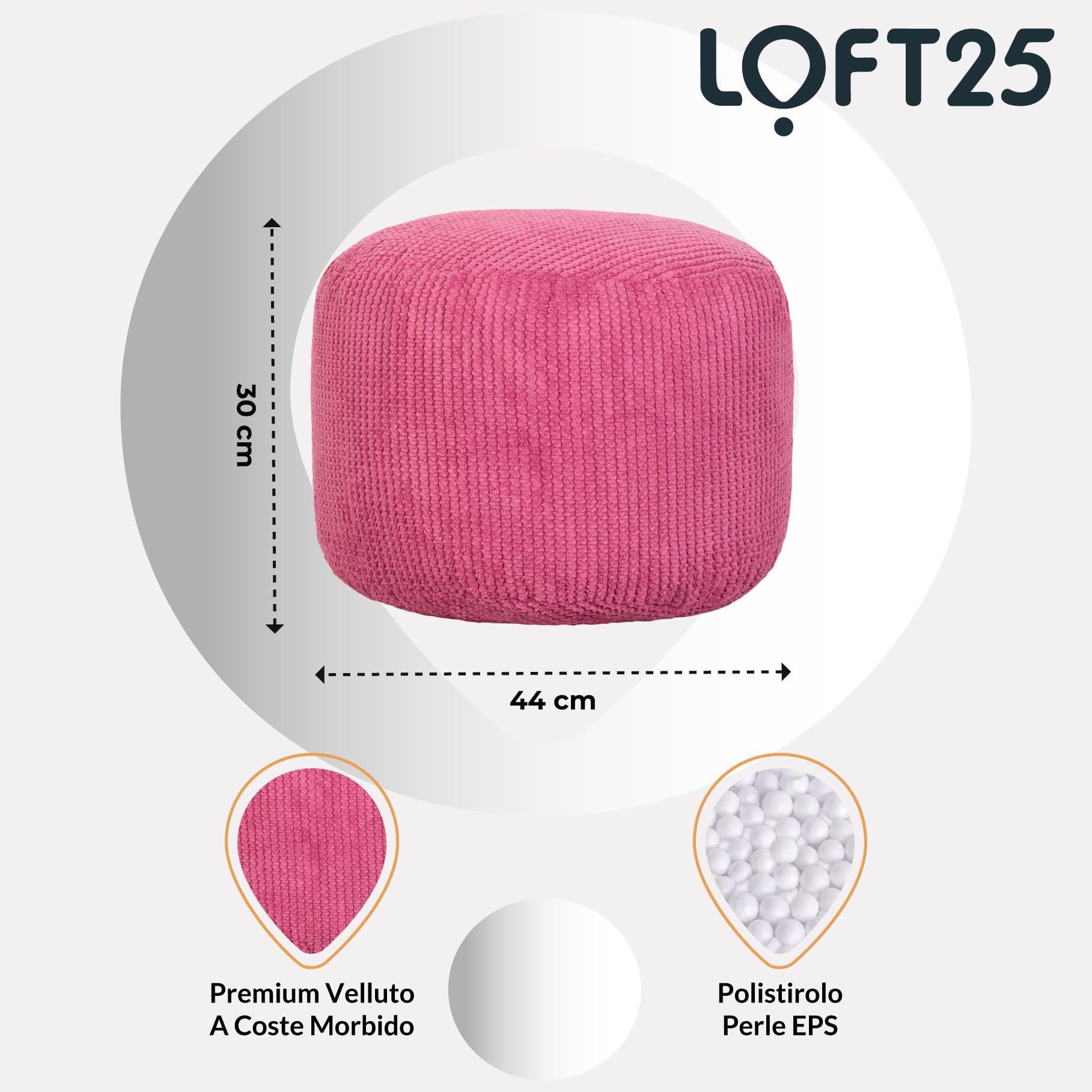 Loft 25 Sacchetto di Fagioli Sgabello Piede Bolla Rotonda | Poggiagambe velluto a coste per Interni da Soggiorno | Pouf dal Design Ergonomico per Adulti | Comodo e Durevole (Rosa)