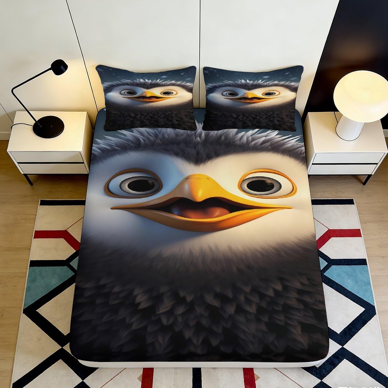 3D Printed Cute Penguin Fitted Sheet Microfiber Soft Breathable Cartoon Bird Bed Cover for Bedroom Dorm Decor 90x200x25cm