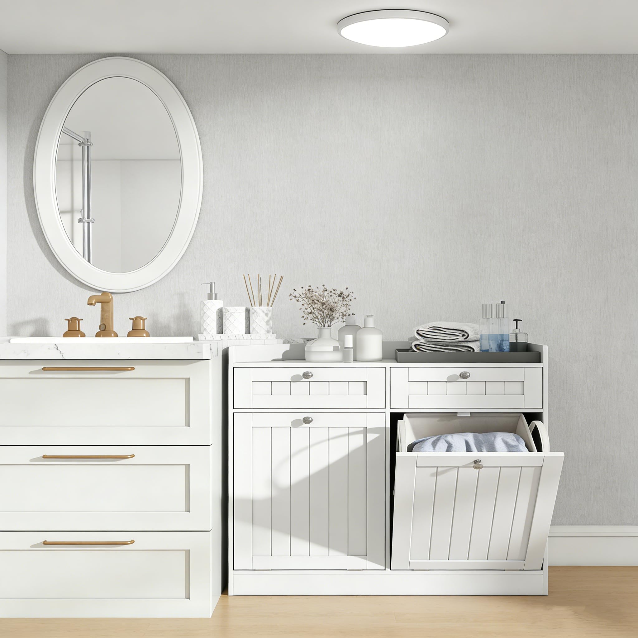 LIFEZEAL Armario para la Colada con Cestas y Cajón, Bolsillos Interiores Extraíbles con Asas, Armario para Baño, Blanco, 79 x 40 x 80 cm