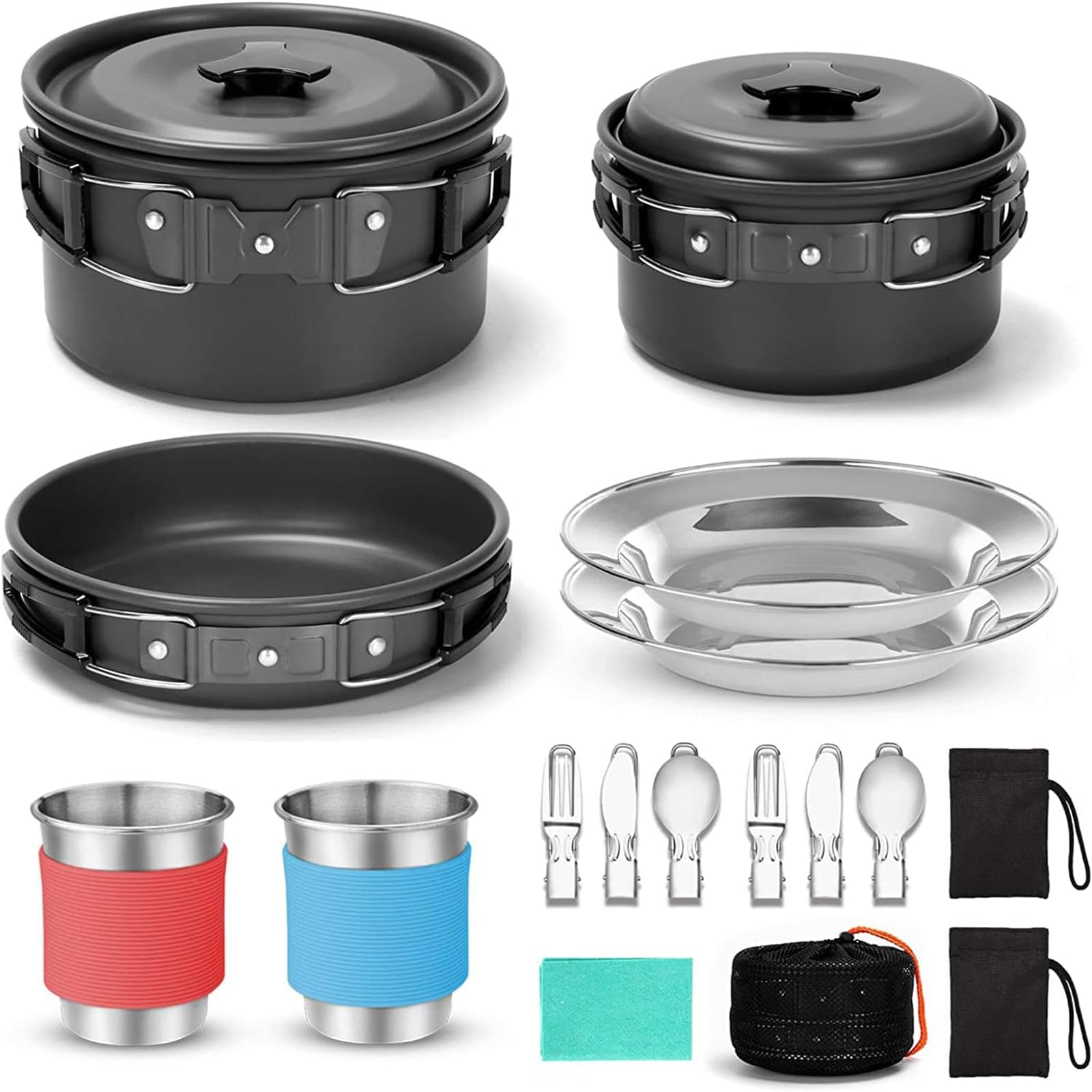 MOTIM 15pcs Camping Cookware Mess Kit, Non-Stick Lightweight Pot Pan Kettle Set with Stainless Steel Cups Plates Forks Knives Spoons for Camping, Backpacking, Outdoor Cooking and Picnic