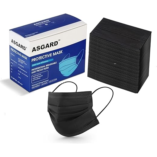 ASGARD Nonwoven Fabric Disposable Multilayer Protective Mask (Black, Pack of 50) for Unisex