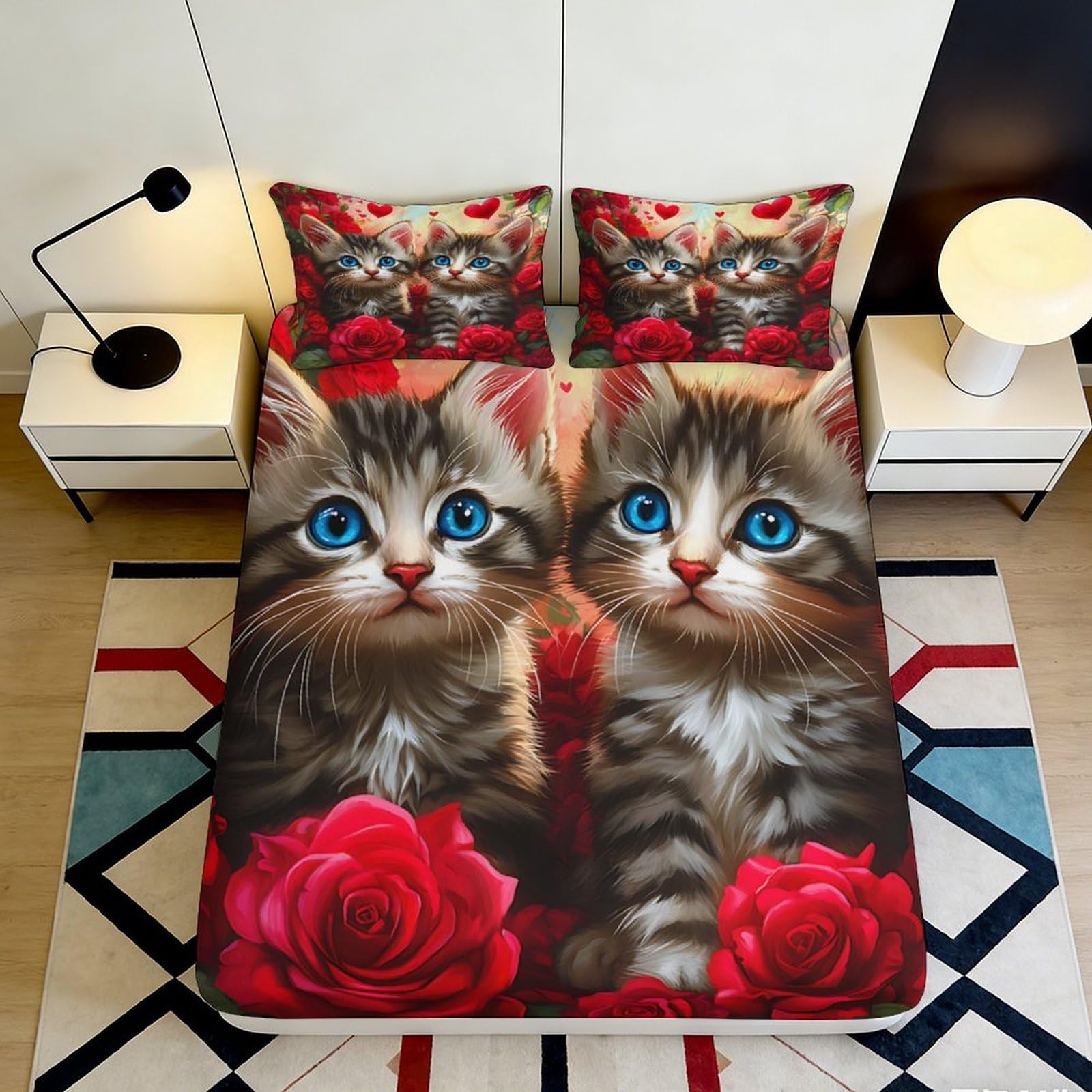3D Printed Cute Kitten Fitted Sheet Microfiber Soft Durable 3D Printed Rose Mattress Cover for Bedroom Dorm Dormitory Guest Room Protection 120x200x25cm
