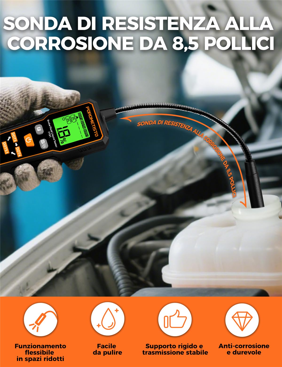 FT01 Tester per Liquido Freni Professionale con Sonda Anticorrosione e Sensibile per DOT3 DOT4 DOT5.1, Display LCD con Retroilluminazione, Tester Liquido Freni Professionale