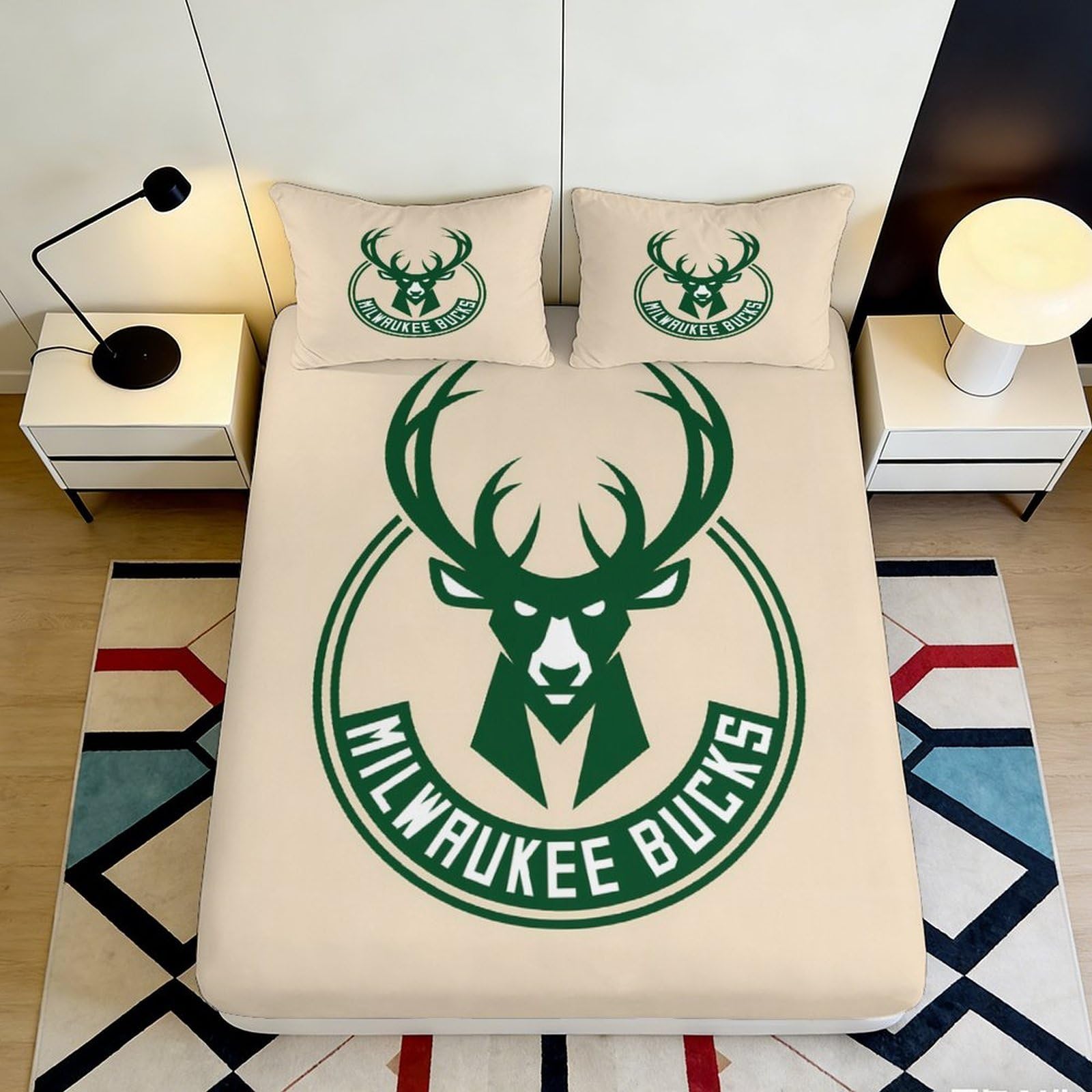 3D Printed Deer Antler Logo Fitted Sheet Microfiber Soft Mattress Cover Green Beige for Bedroom Guestroom Decor 90x200x25cm