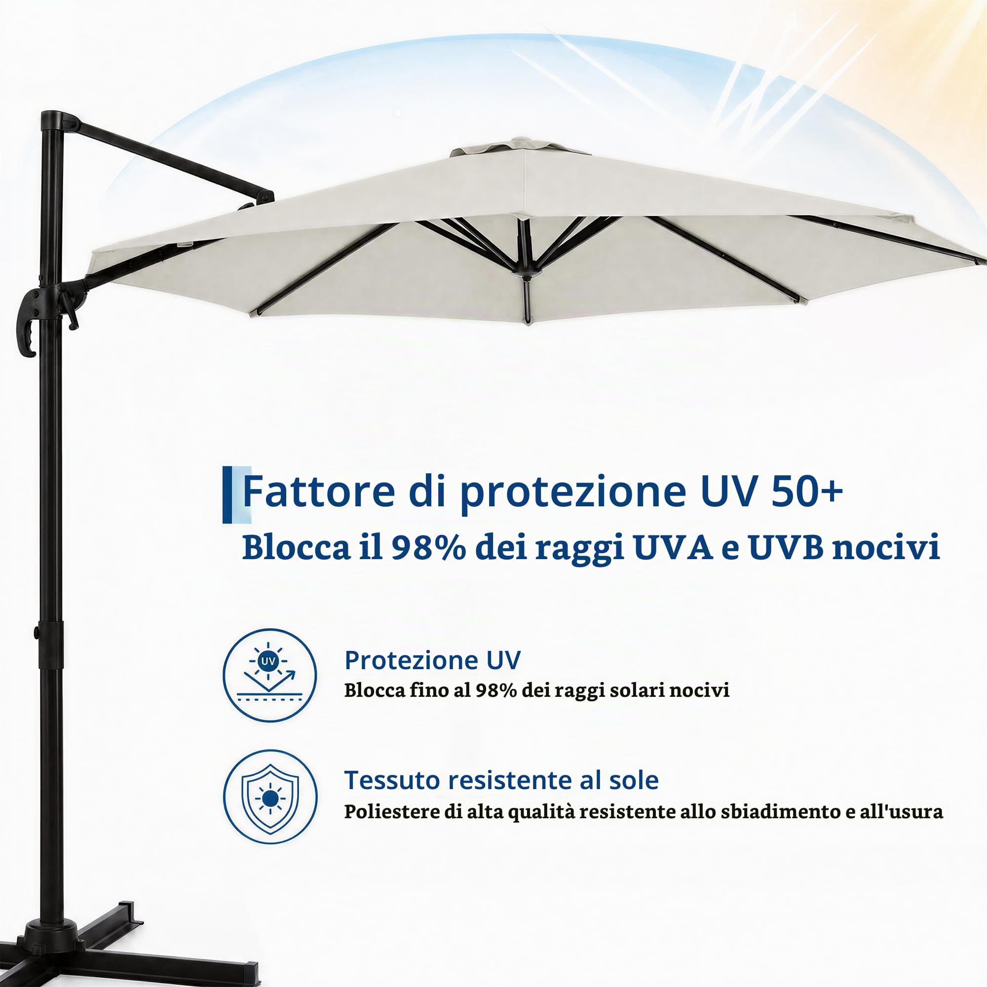 GarveeHome Ombrellone Roma 300cm, Palo Laterale Ferro Alluminio, Rotazione 360°, Base a Croce, Telo 210PA & Poliestere, Marrone Grigio, Senza Luci e Copertura
