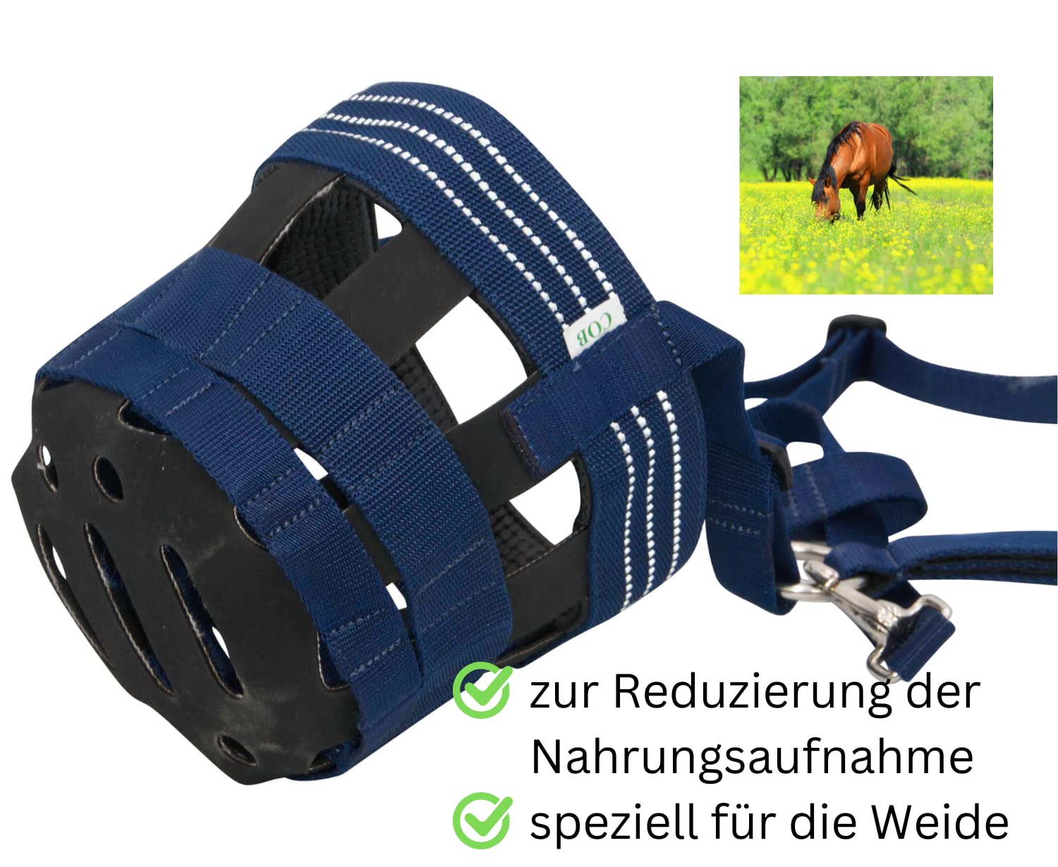 AMKA Maulkorb Fressbremse für Pferde mit Gummieinsatz, Kopfstück stufenlos verstellbar, dunkelblau Größen lt. Maßtabelle