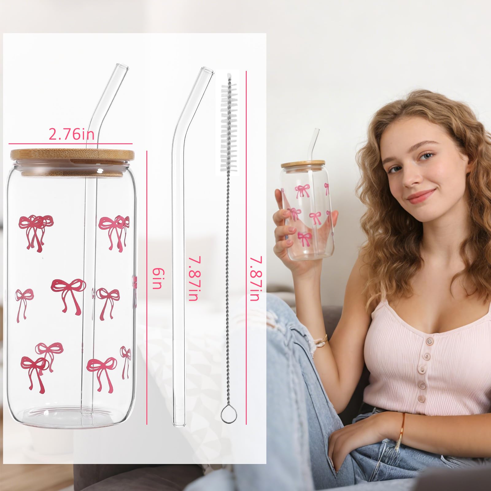 ToKinCen Bow Glass Cup, 16 oz Bow Iced Coffee Glass Cups with Lids and Straws and Cleaning Brush - Image 4