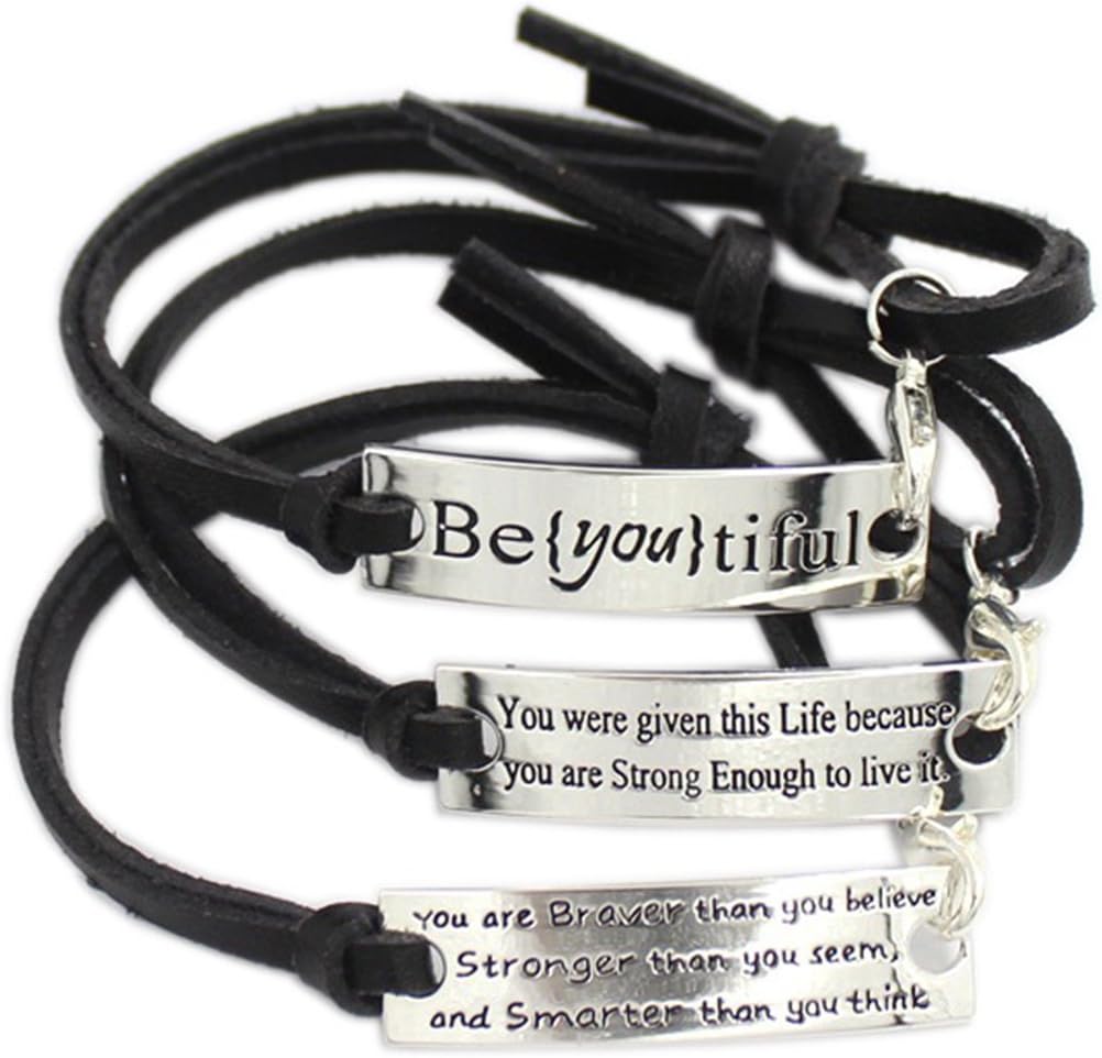 L.Beautiful Women Set of 3 Pcs Inspirational Leather Bracelets Engraved Message Motivational Charm Expandable Friendship Bracelet with Gift Box (Black)