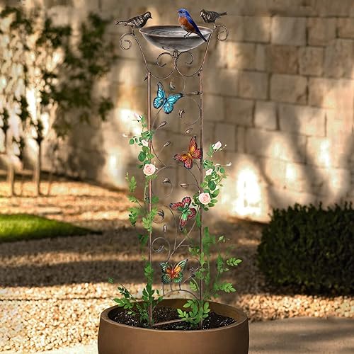 Miniatura 6 de SUNNYPARK Baño para pájaros con enrejado al aire libre, enrejado de hierro antiguo para jardín con mariposas decorativas, cuenco desmontable para