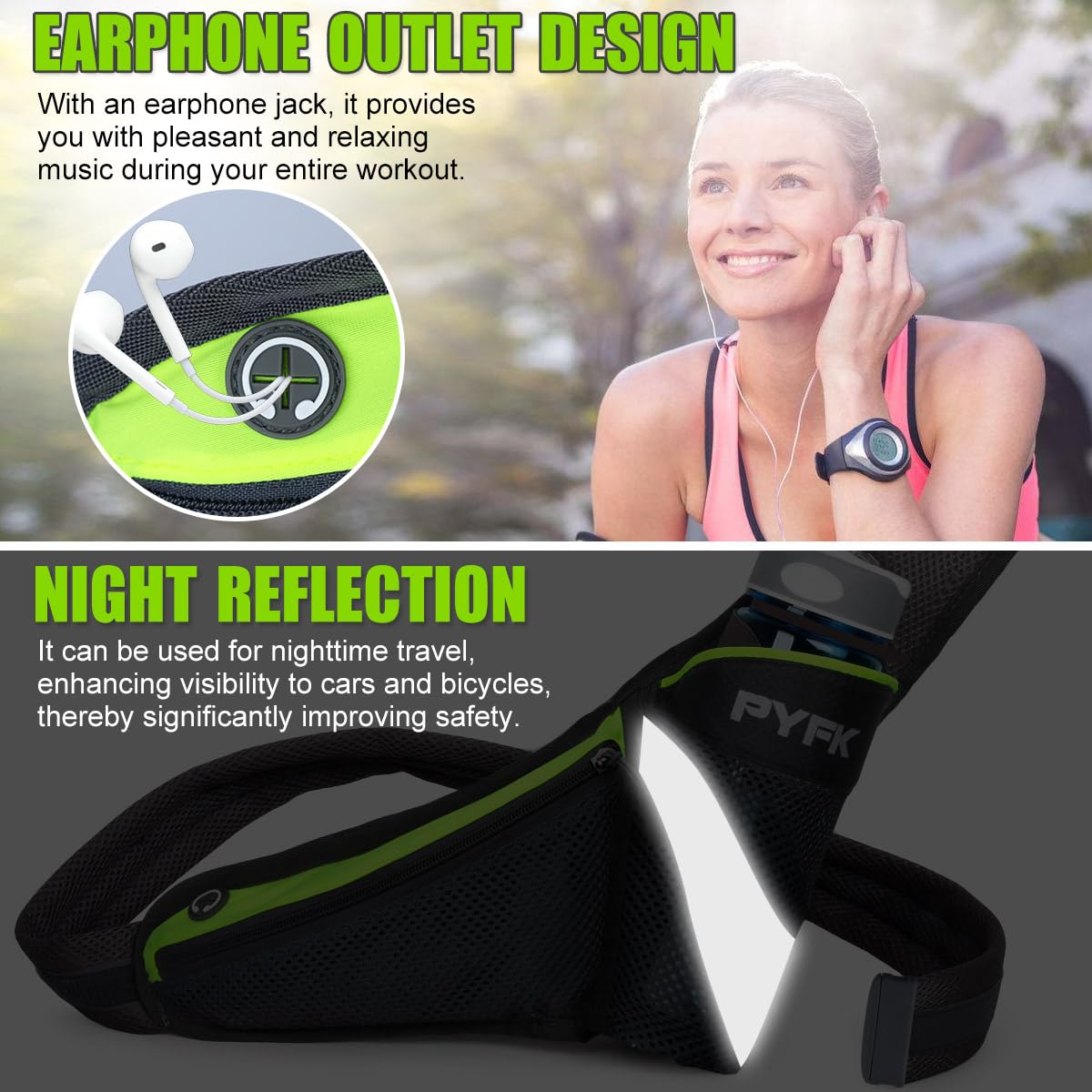 CYBERDYER Running riñonera con Soporte para Botella de Agua de hidratación cinturón para Hombres Mujeres Bolsa de Cintura Fanny Bolsa Reflectante para iPhone 6/7 Plus, Verde