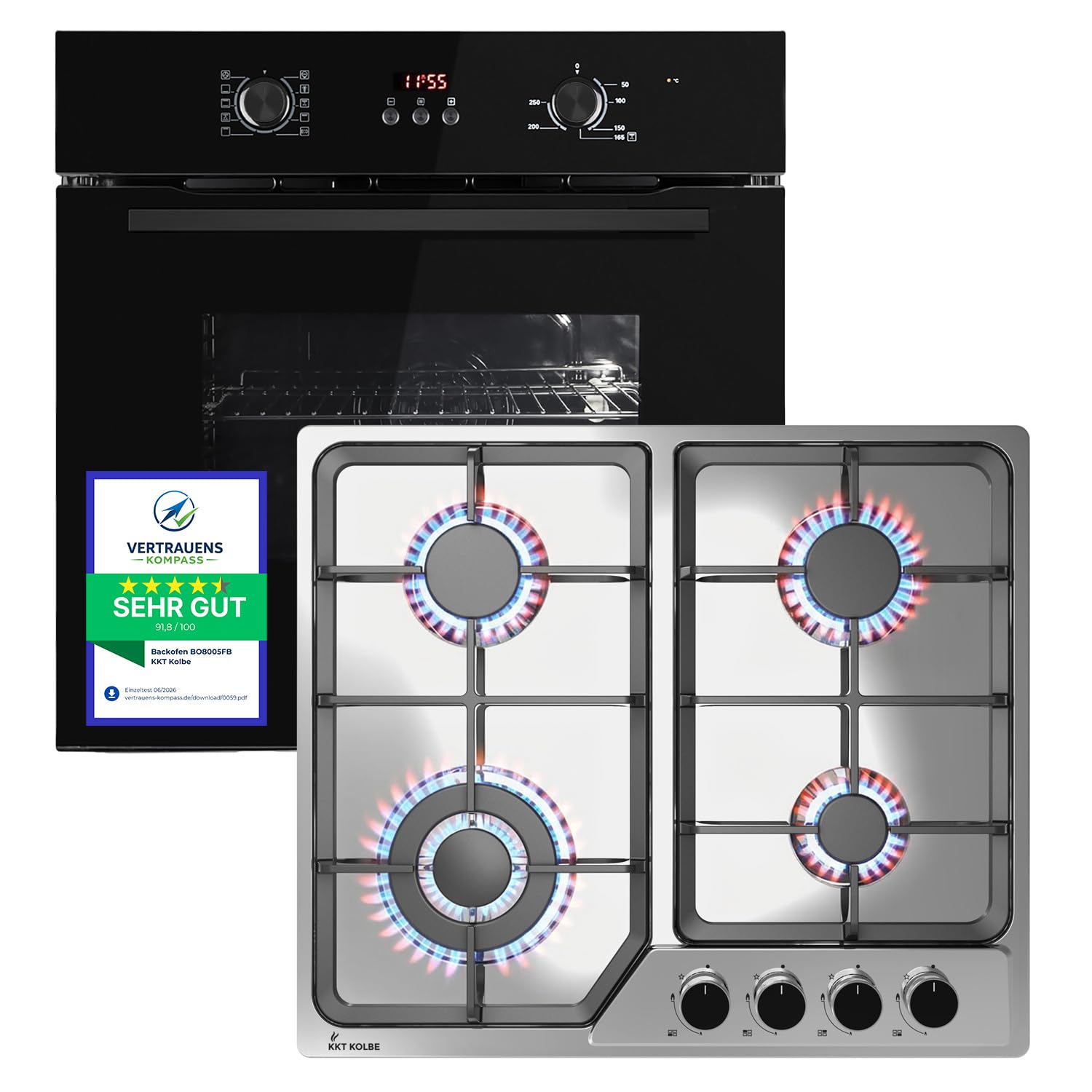 KKT KOLBE Set horno 60 cm negro BO8005FB y placa gas 58 cm inox G604ED | 4 fuegos wok | grill y aire caliente | timer automático | doble cristal, bloqueo niños | SET8005FBG604ED