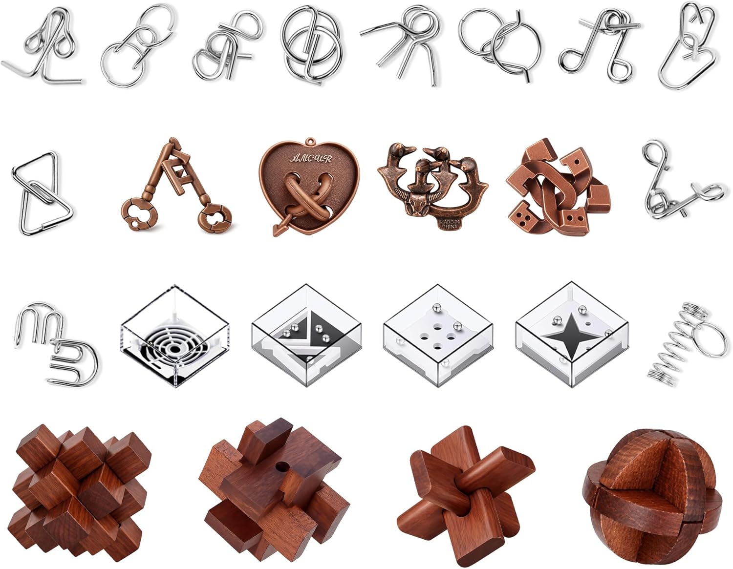TAHAVICE 24 PCS Brain Teaser Puzzles Set, Wooden & Metal 3D Unlock Interlock Game, Kongming Luban Lock Wire Disentanglement IQ Puzzle, Logic Challenge Educational Gift for Adults Teens Kids
