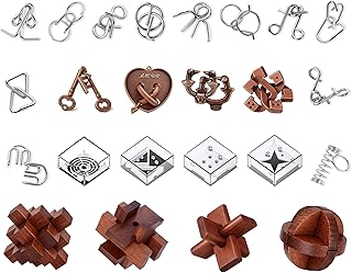 TAHAVICE 24 PCS Brain Teaser Puzzles Set, Wooden & Metal 3D Unlock Interlock Game, Kongming Luban Lock Wire Disentanglement IQ Puzzle, Logic Challenge Educational Gift for Adults Teens Kids