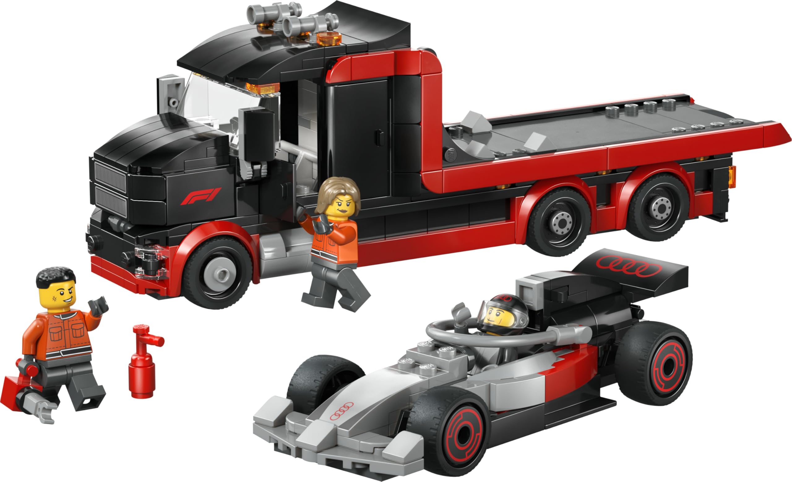 LEGO City Display Truck F1 con Auto da Corsa Audi F1 Giocattolo - Kit con 3 Minifigure e Funzione di Sollevamento Veicoli - Idea Regalo per Bambini da 7 Anni in su Fan degli Sport Motoristici - 60493