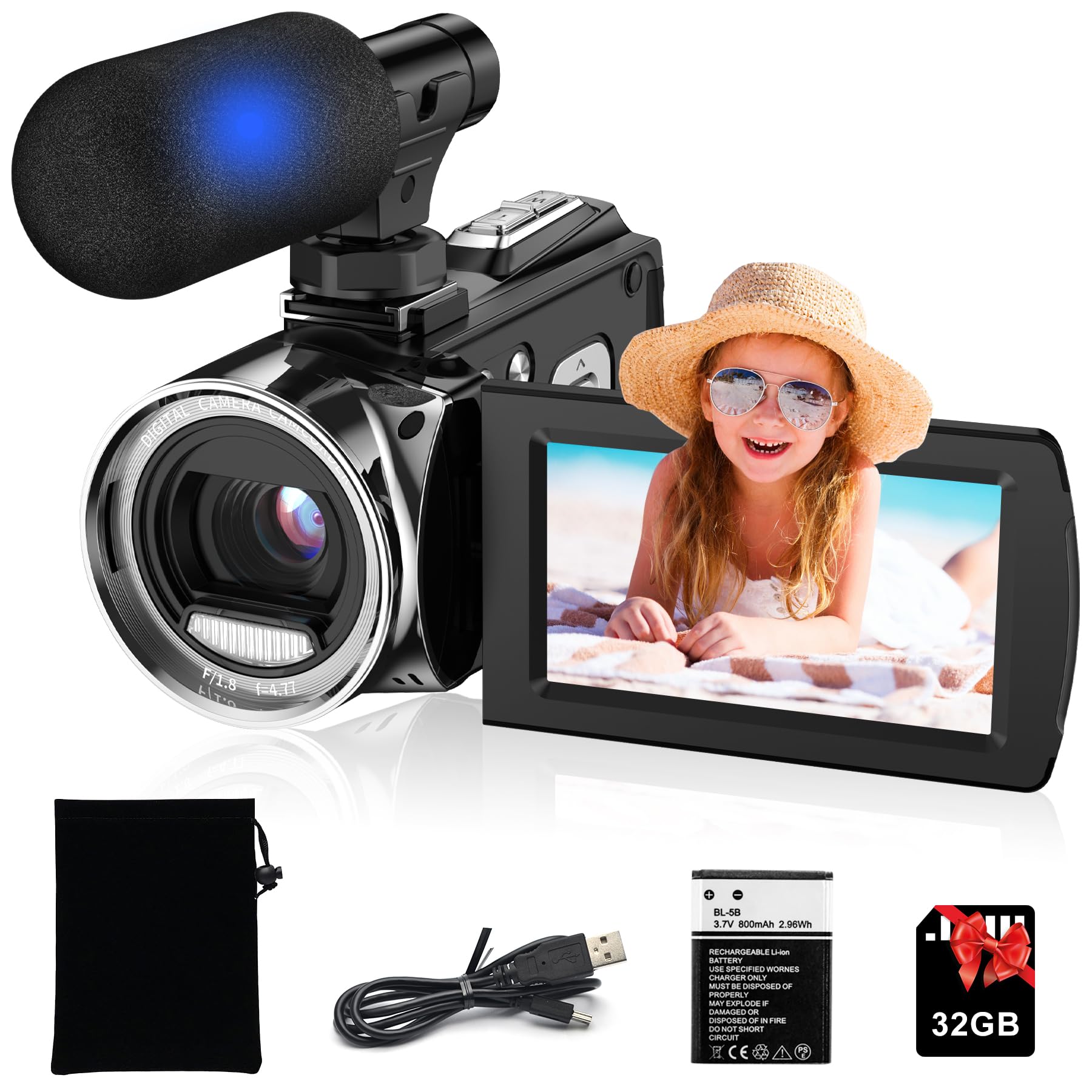 Caméscope vidéo Full HD 4K 48MP numérique YouTube Vlogging, caméra vidéo 30 FPS 7,6 pouces LCD 270 degrés de rotation écran IPS avec microphone et carte SD de 32 Go