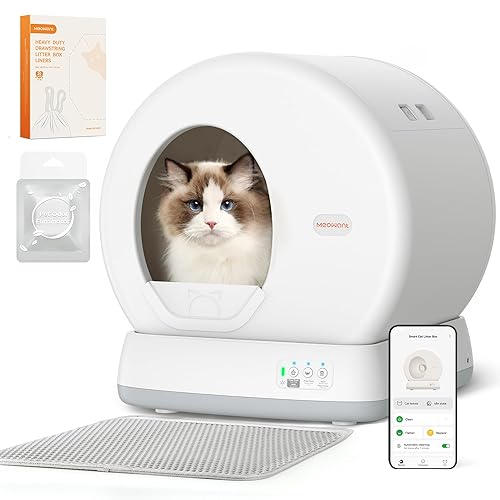 MeoWant Self Cleaning Cat Litter Tray, Integrated Safety Protection Automatic Cat Littler Tray for Multiple Cats, Extra Large/Odor Isolation/APP Control Smart Robot Cat Litter Box with Mat & Liner - White or Silver - One Size
