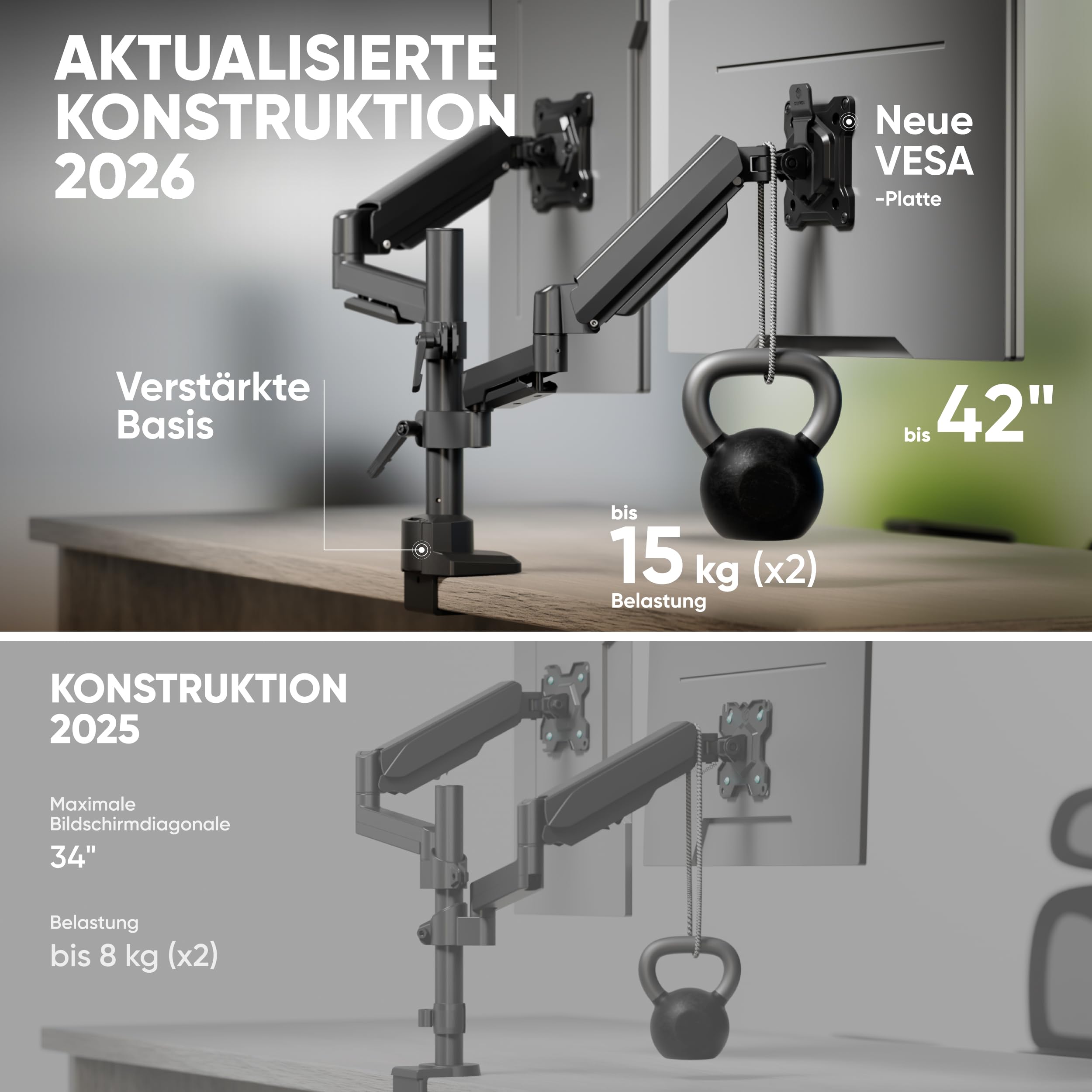 ONKRON Monitor Halterung 2 Monitore für 17-42 Zoll Bildschirme bis 15 kg pro Arm, dual Monitor Arm mit Gasdruckfeder, Monitorhalterung VESA 75x75-100x100, Tischhalterung verstellbar Schwarz G140-B