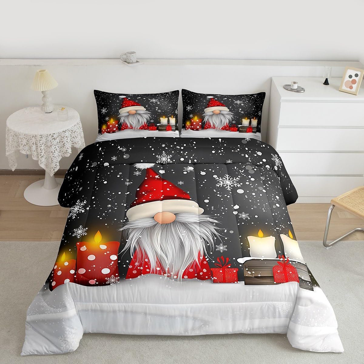 Feelyou Kids Grey Christmas Bedding Set Twin Size Xmas Dwarf Duvet Quilt for Boys Girls Teens Bedroom Decor Snowflake Comforter Set Breathable Soft Microfiber Women Men Holiday with 1 Pillow Case
